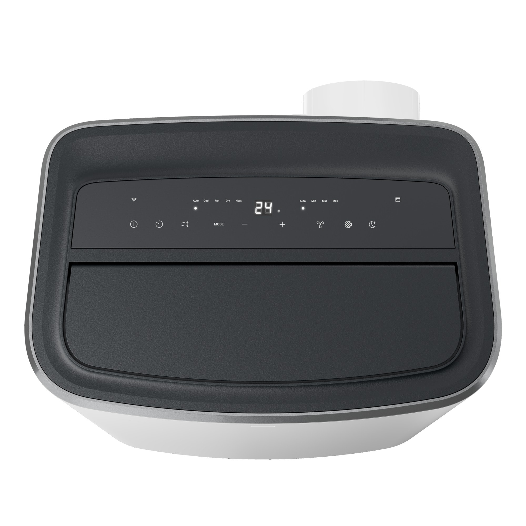 Widok z góry na przenośny klimatyzator. Ciemnoszary panel sterowania z cyfrowym wyświetlaczem pokazującym 24 stopnie.