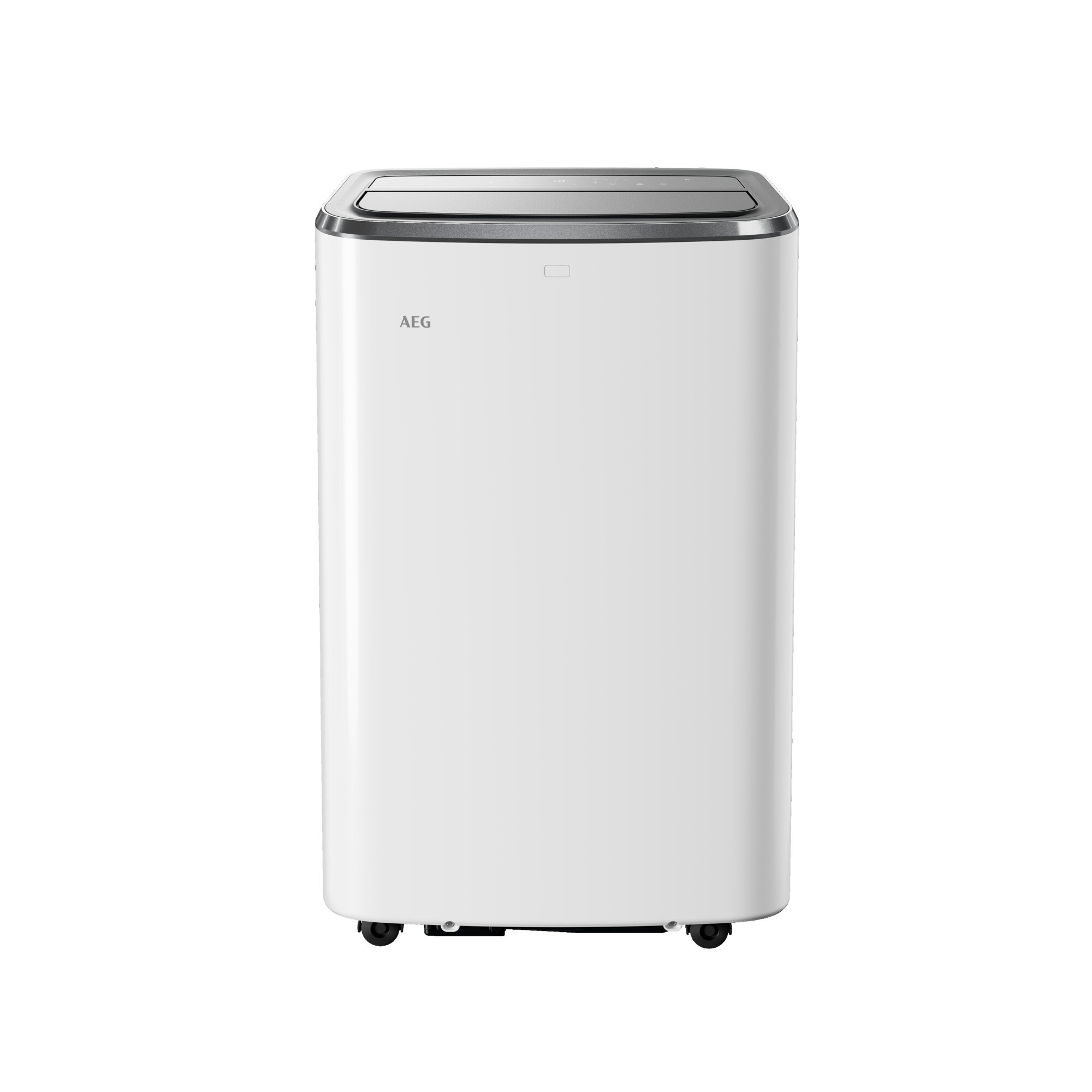 Biały przenośny klimatyzator AEG. Ma ciemny wierzch, srebrne wykończenia i kółka. Widoczne jest logo.