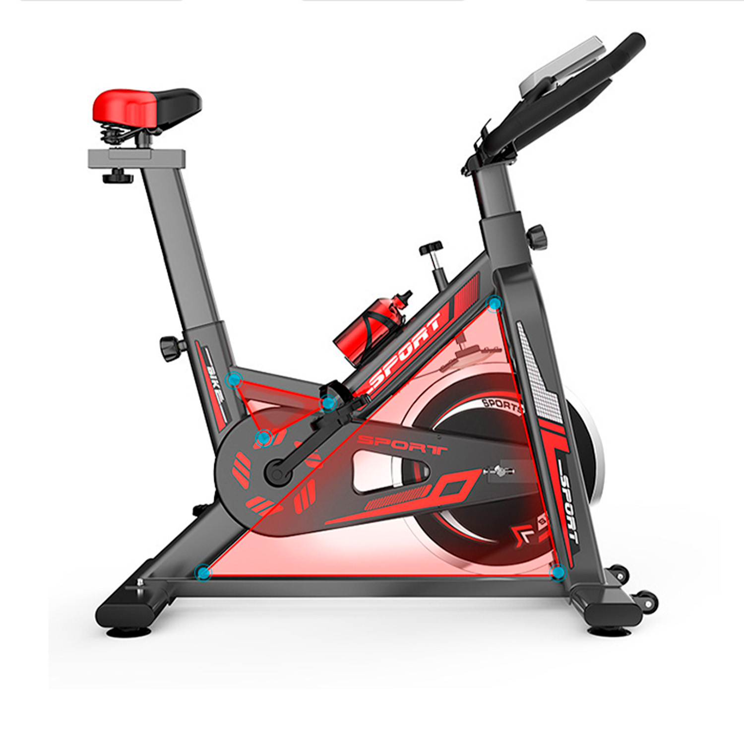 Un vélo d'exercice stationnaire avec des accents rouges. Comprend une selle rouge, une bouteille d'eau et un écran. Le cadre est gris et noir.
