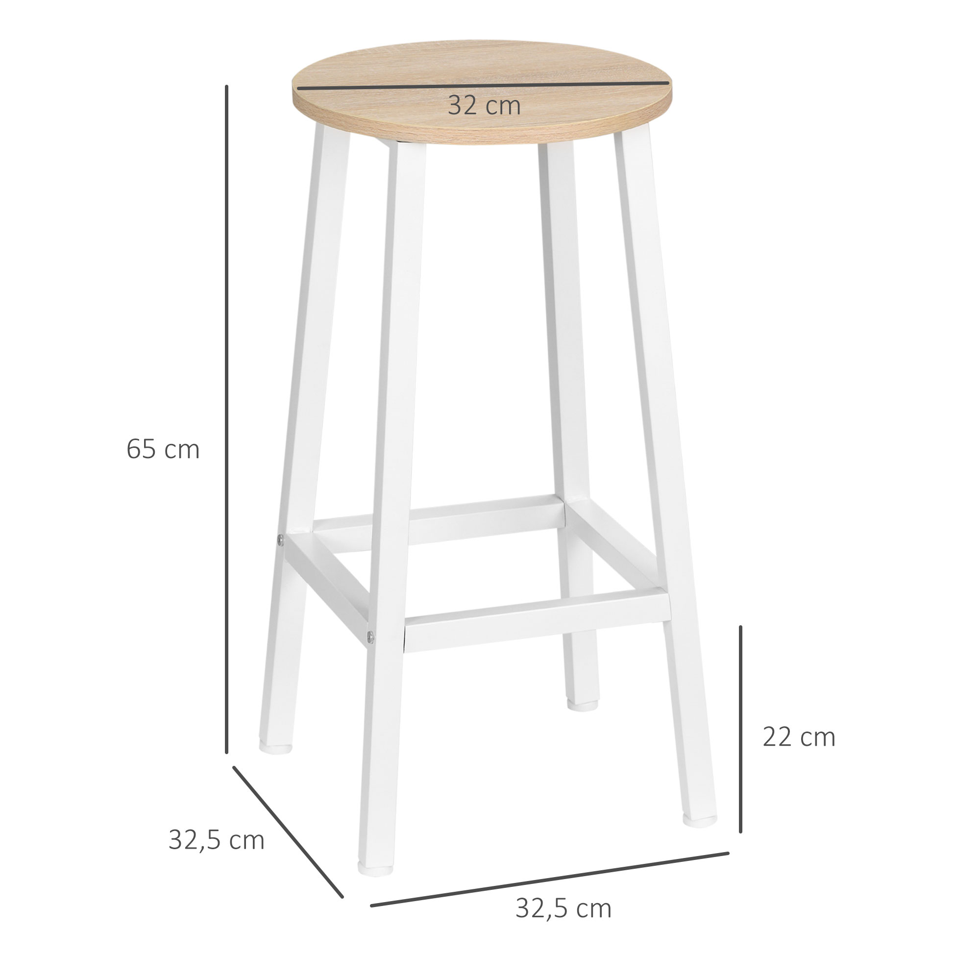 Un taburete blanco y de madera. Tiene un asiento redondo de madera y patas blancas con medidas indicadas.