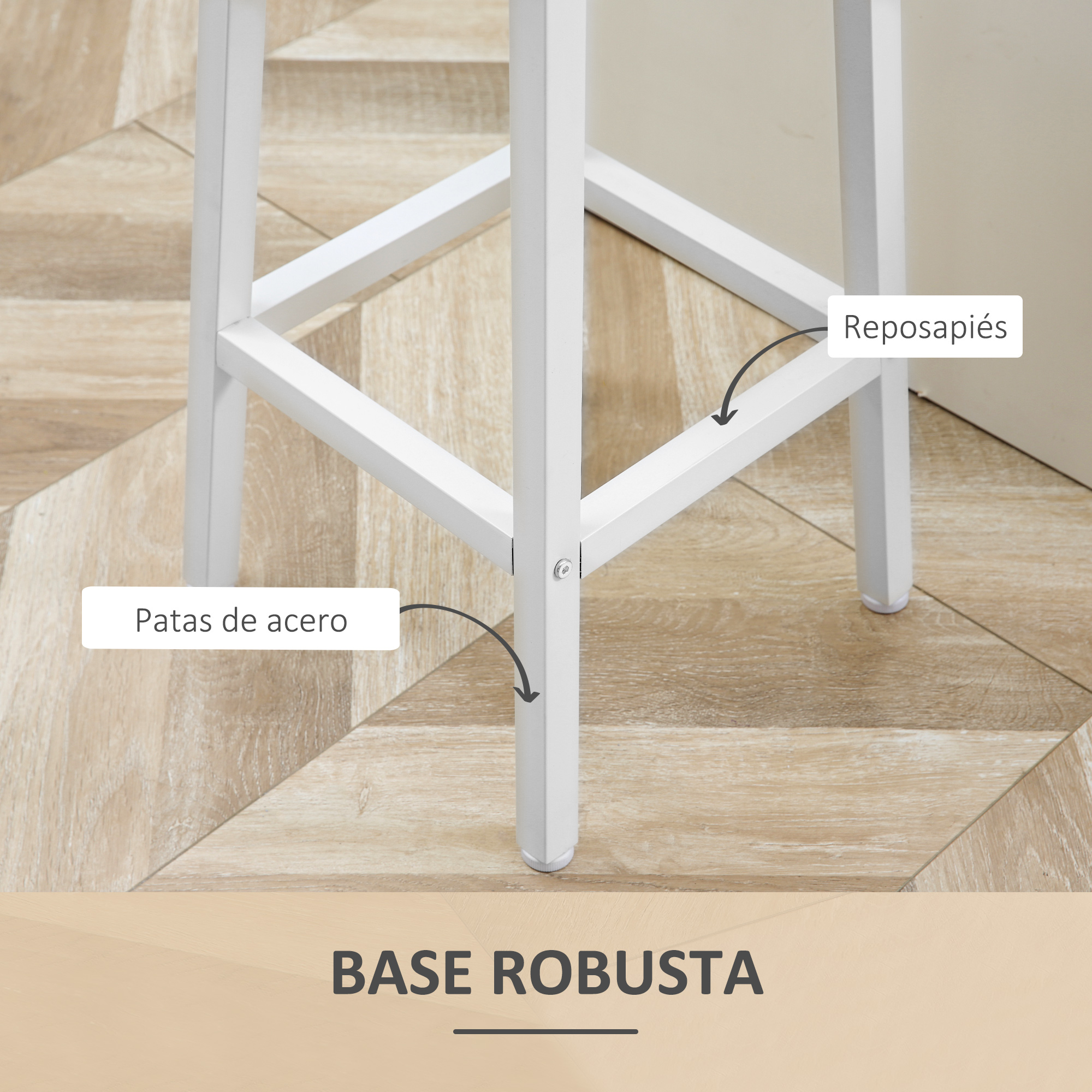 Primer plano de una base de silla de acero blanco. Con reposapiés y patas de acero. El suelo tiene un patrón de madera clara.
