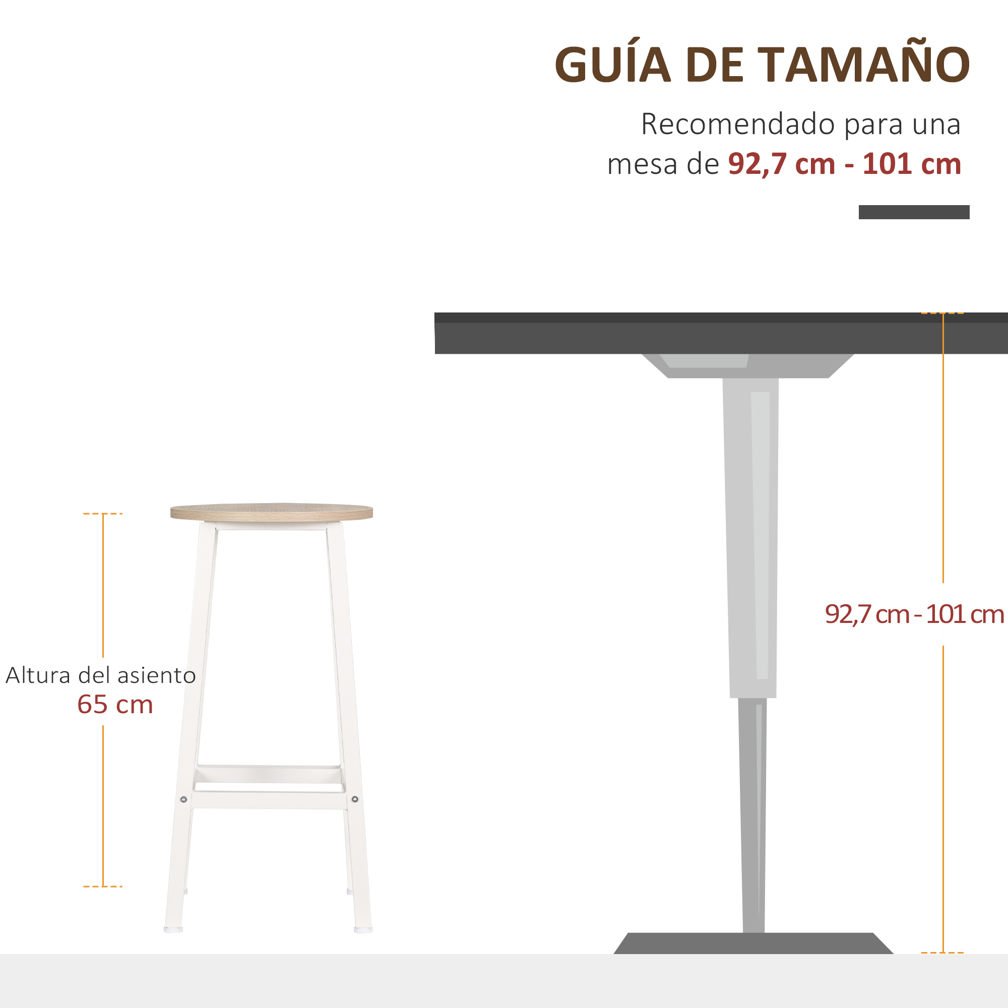 Diagrama que muestra las dimensiones de la mesa y el taburete. El asiento del taburete tiene 65 cm de alto, para mesa de 92,7-101 cm.