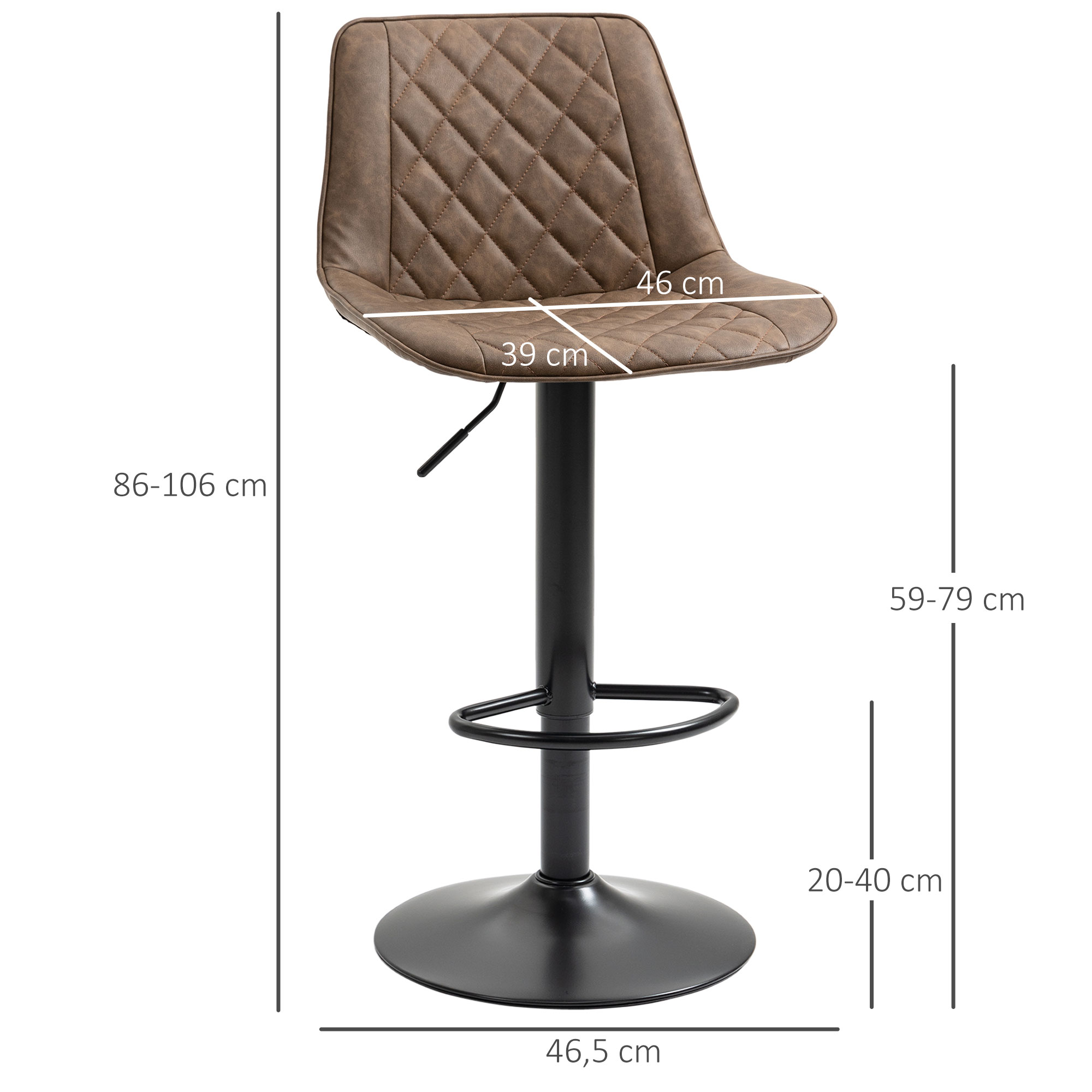 Un taburete de bar marrón con base negra. Tiene un asiento acolchado en forma de diamante, y se muestran las medidas.
