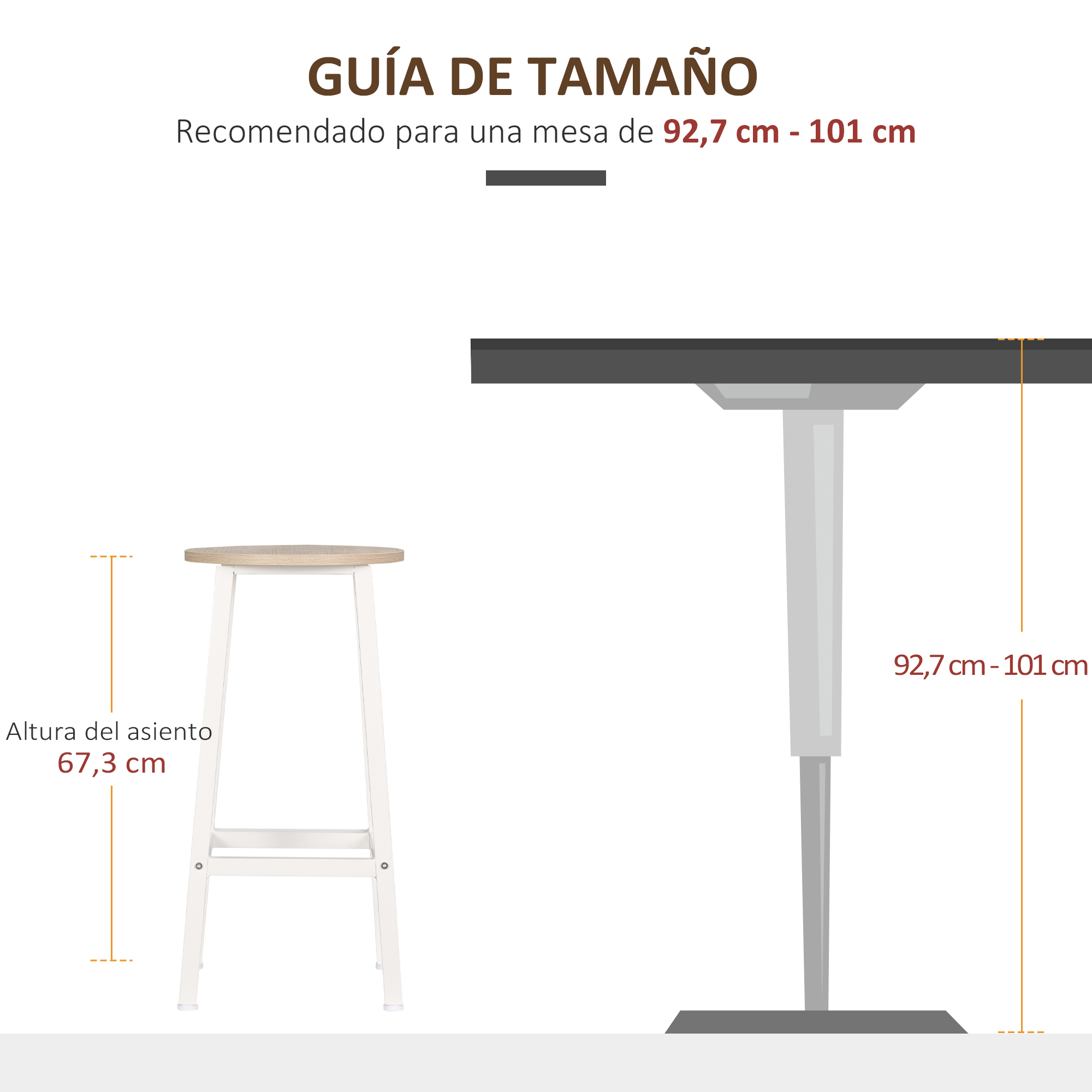 Diagrama que muestra las dimensiones de la mesa y el taburete. Altura de la mesa 92,7-101 cm, altura asiento 67,3 cm.