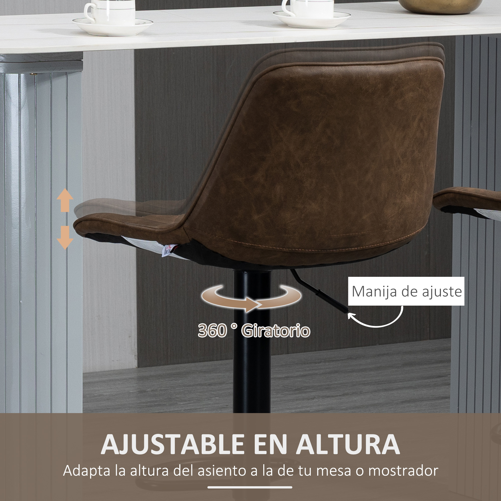 Un taburete de bar de cuero marrón con altura ajustable y giro de 360 grados. Una mesa blanca al fondo.