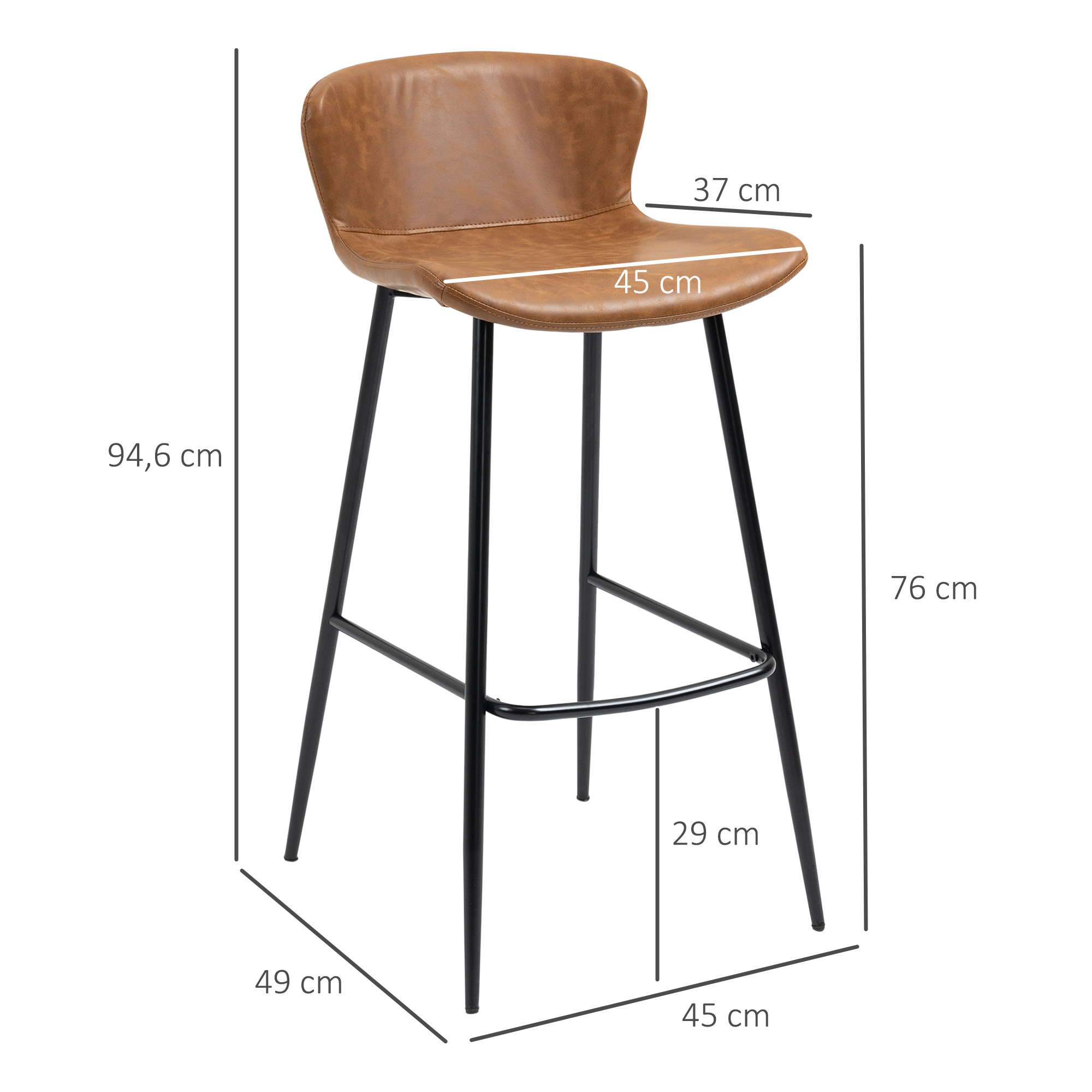 Un taburete de bar de cuero marrón con patas negras. Medidas: 94,6 cm alto, 49 cm ancho, 45 cm asiento.