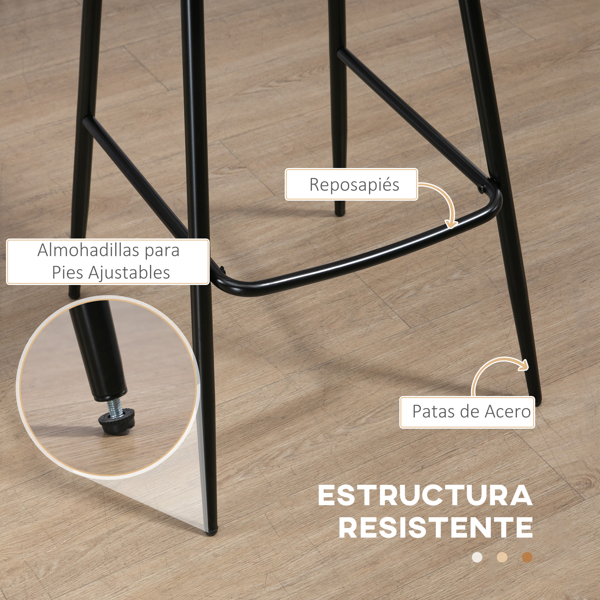 Primer plano de un taburete de metal negro. Tiene reposapiés y pies ajustables. La estructura es resistente. Piso de madera en el fondo.