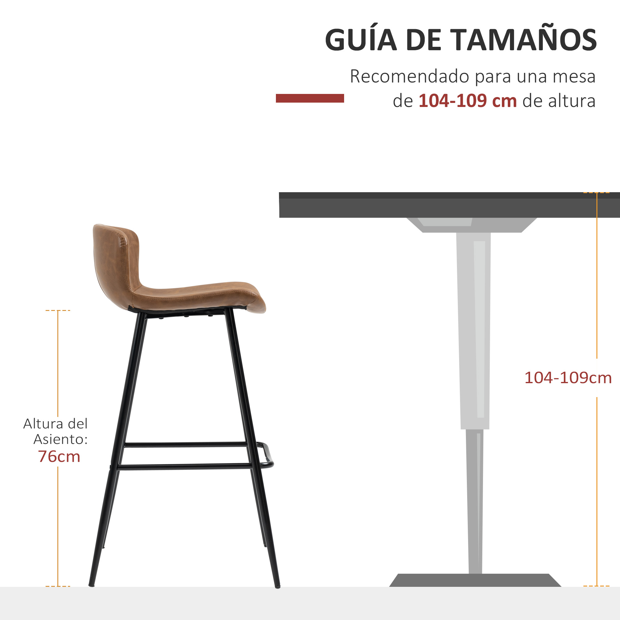 Un taburete marrón y una mesa con medidas. El texto dice que la mesa debe tener 104-109 cm de altura.