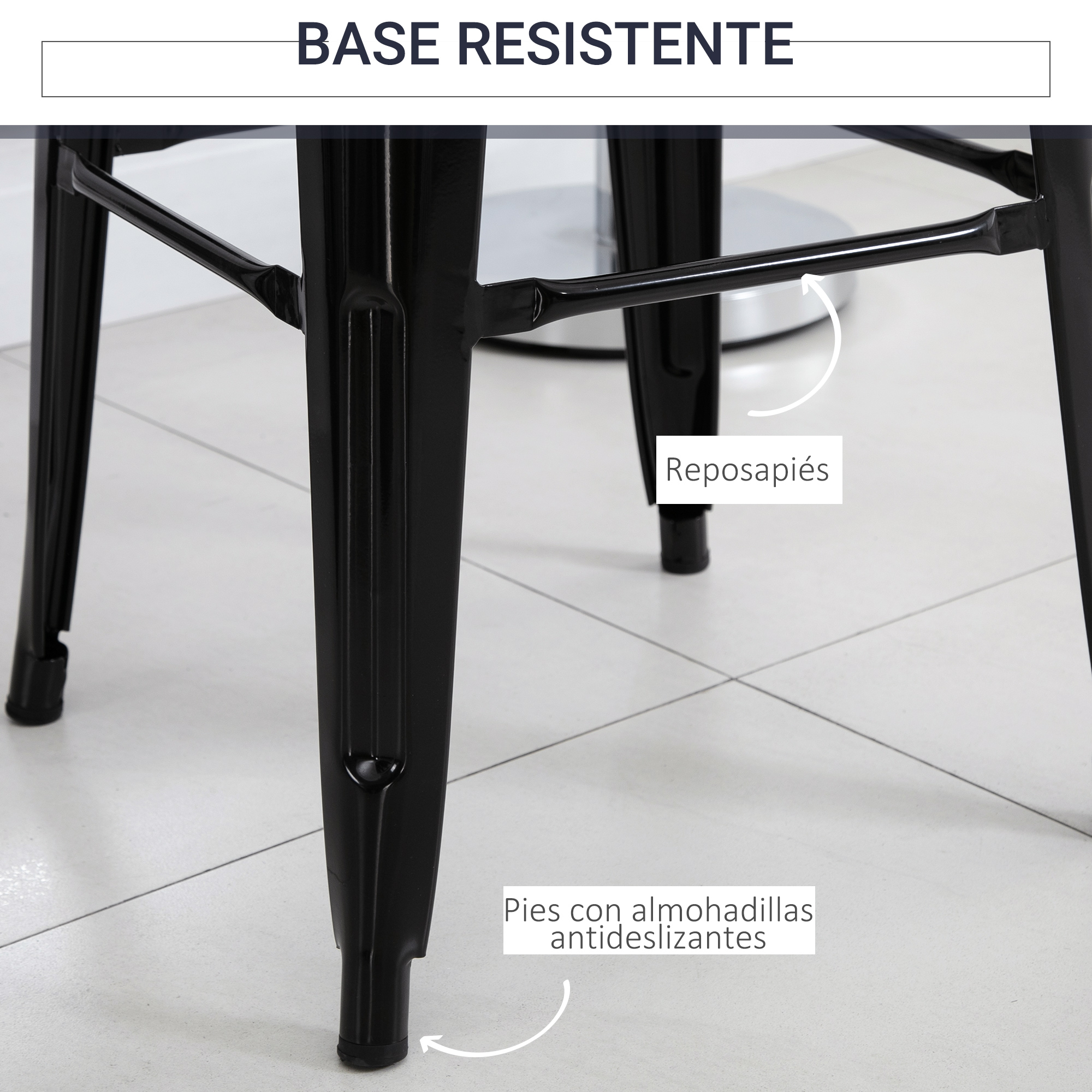 Detalle de taburete de bar metálico negro. Con reposapiés y almohadillas antideslizantes. Arriba: 'BASE RESISTENTE'.