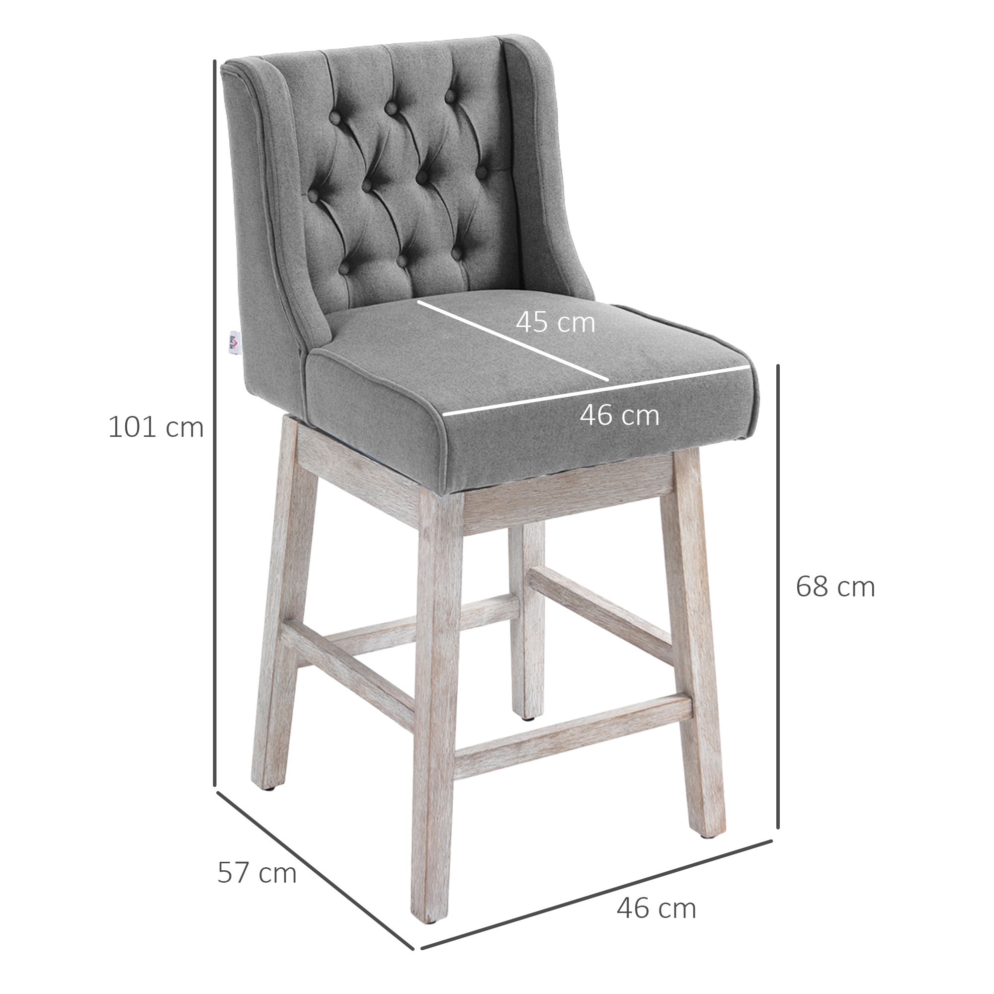 Un taburete de bar tapizado gris con respaldo abotonado. Las dimensiones están etiquetadas.