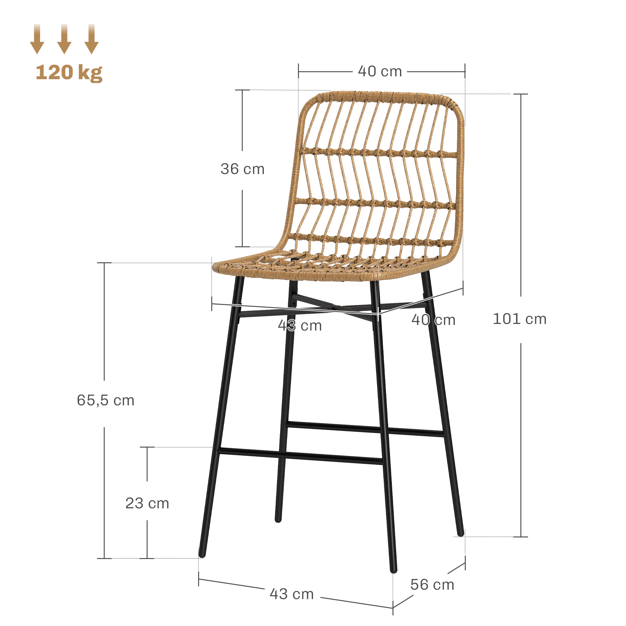Taburete de bar de ratán tejido con patas de metal negro. Se proporcionan dimensiones.