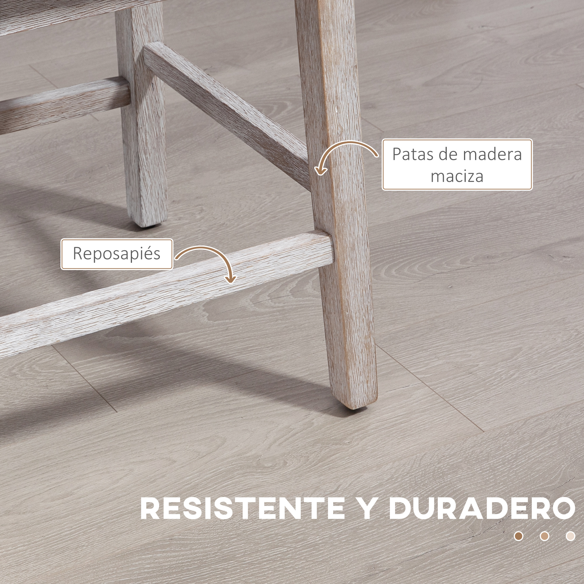 Detalle de la pata de la silla de madera con reposapiés. El suelo es de madera clara. El texto dice 'Resistente y duradero'.
