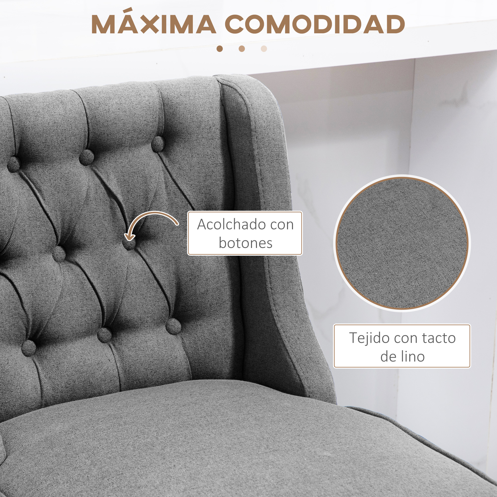 Primer plano de una silla gris tapizada con detalles de botones. Tiene una textura similar al lino, lo que sugiere comodidad.
