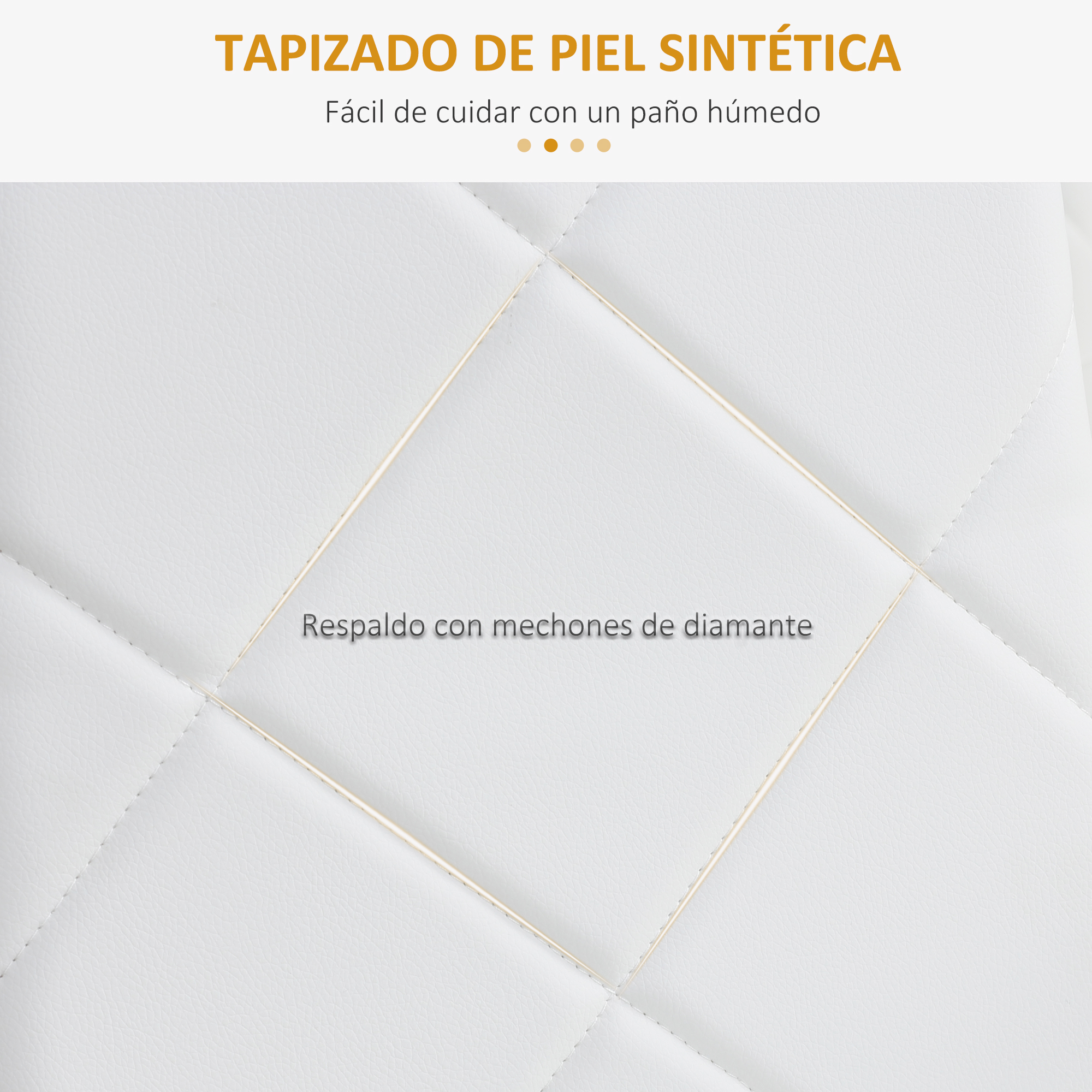 Primer plano de una superficie blanca con patrón de diamantes. Texto: 'Tapizado de piel sintética' y 'Fácil de limpiar'.