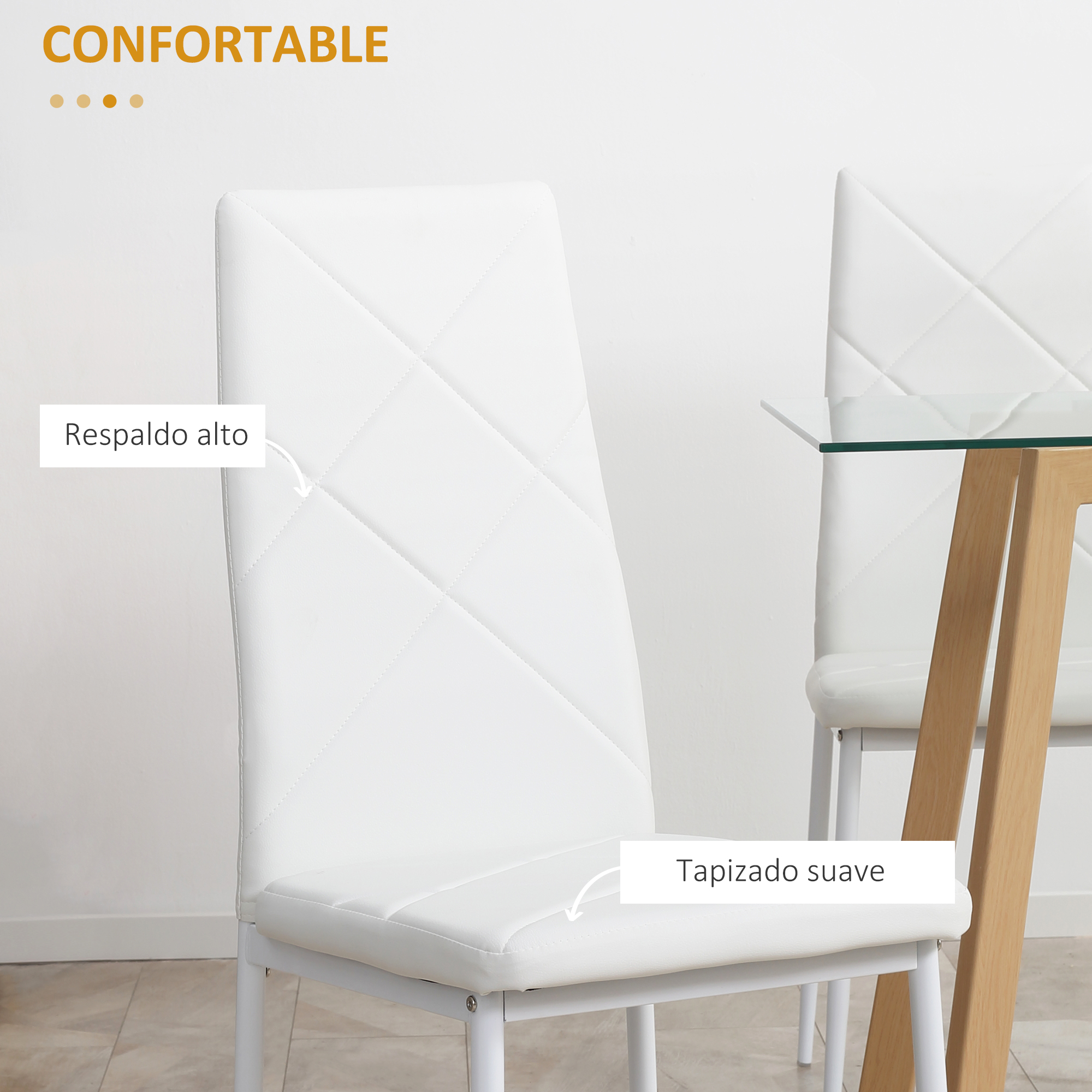 Sillas blancas de cuero con respaldos altos, una enfocada. El fondo muestra una mesa y la palabra 'CONFORTABLE'.