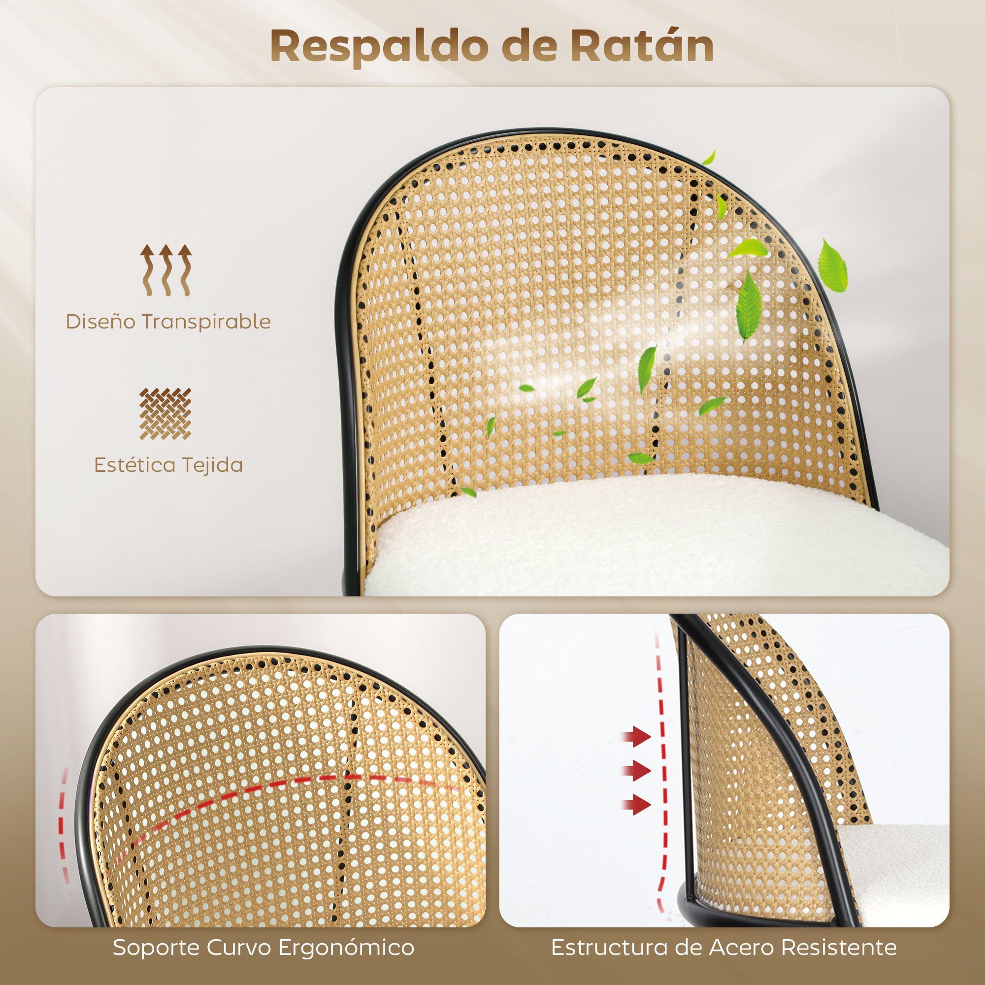 Un respaldo de silla de ratán. Tiene un diseño tejido y transpirable. Incluye soporte ergonómico y estructura de acero.