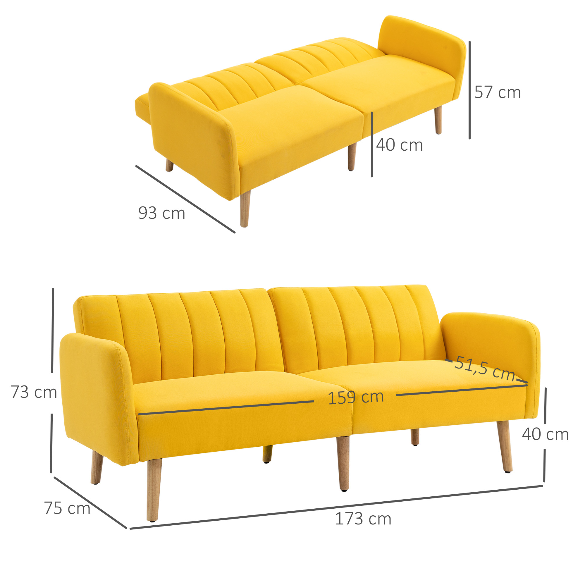 Un sofá amarillo, en dos configuraciones, con dimensiones marcadas. Uno está plegado, el otro desplegado. Las medidas están etiquetadas.