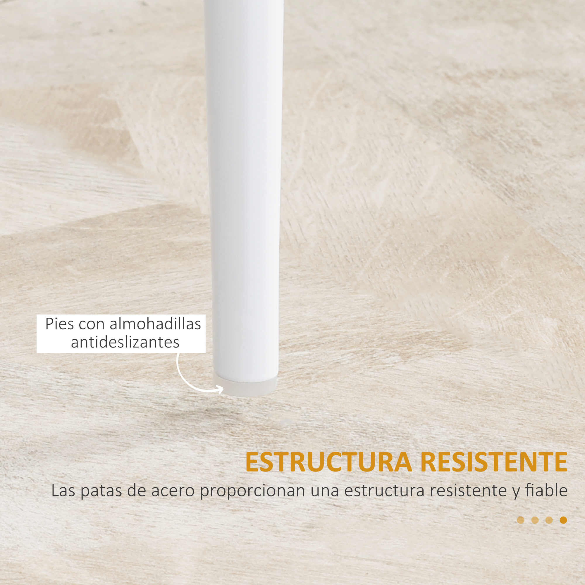 Pata de mesa blanca con pie antideslizante sobre superficie de madera. Texto: 'ESTRUCTURA RESISTENTE'.