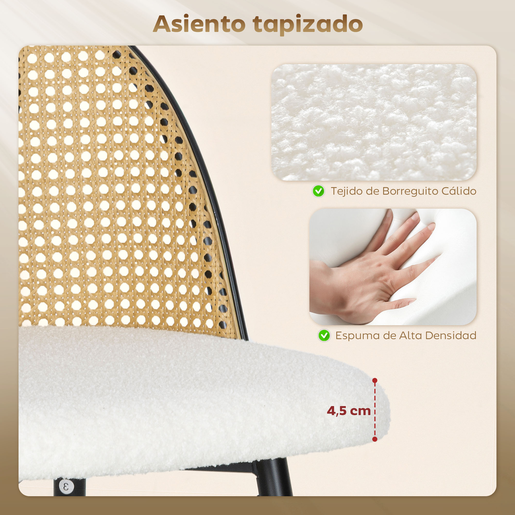 Detalle de silla con respaldo tejido, asiento acolchado blanco y texto sobre los materiales. Las medidas muestran un grosor de 4,5 cm.