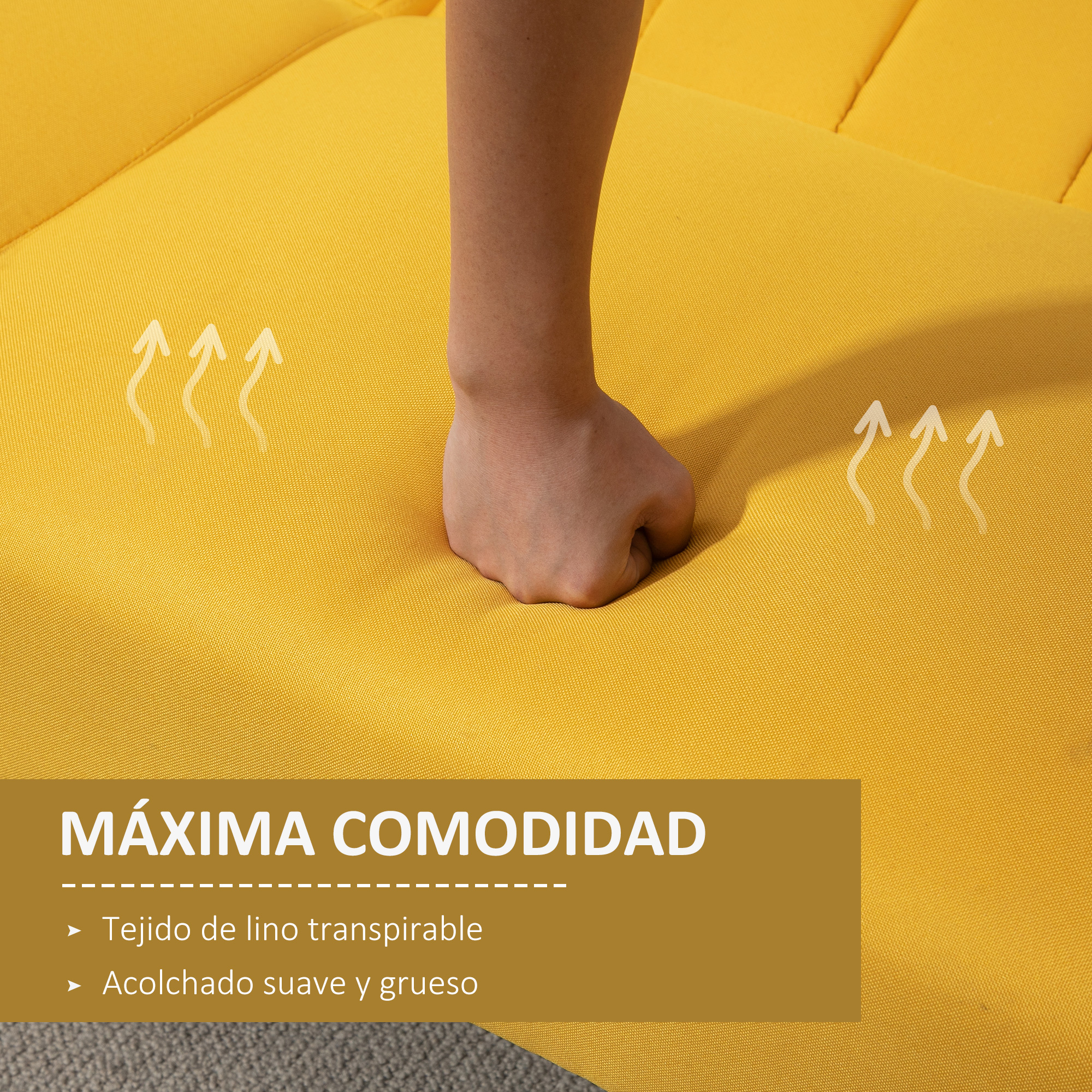 Una mano presiona sobre una tela amarilla. Flechas blancas indican transpirabilidad. El texto dice 'MÁXIMA COMODIDAD'.
