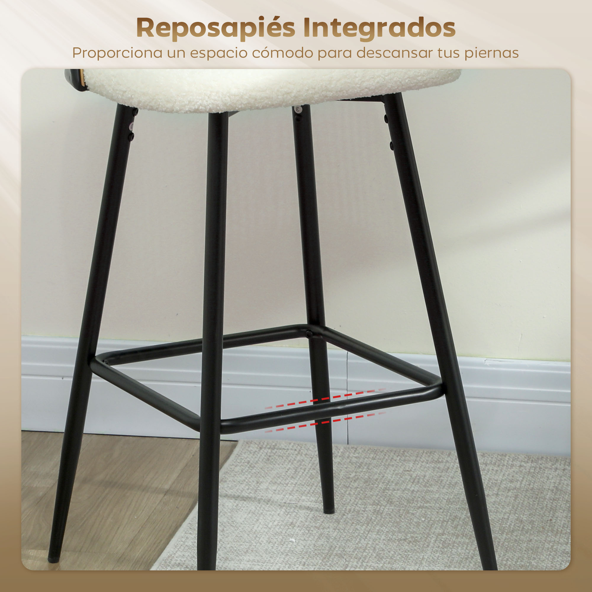 Un taburete blanco y peludo con patas negras. Tiene un reposapiés. El taburete está sobre una alfombra beige contra una pared blanca.