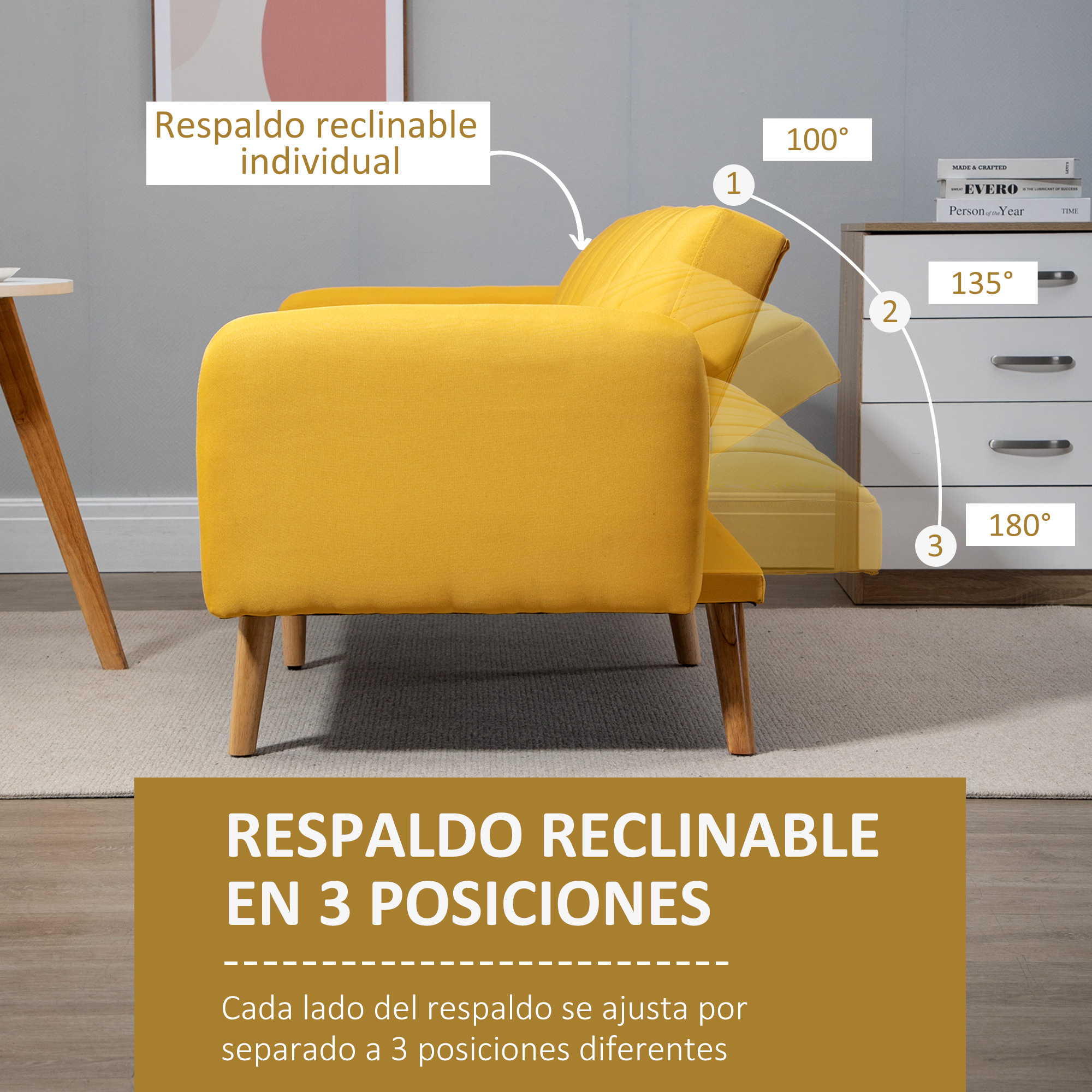 Sofá reclinable amarillo con patas de madera, respaldo ajustable en tres posiciones, con un armario blanco detrás.