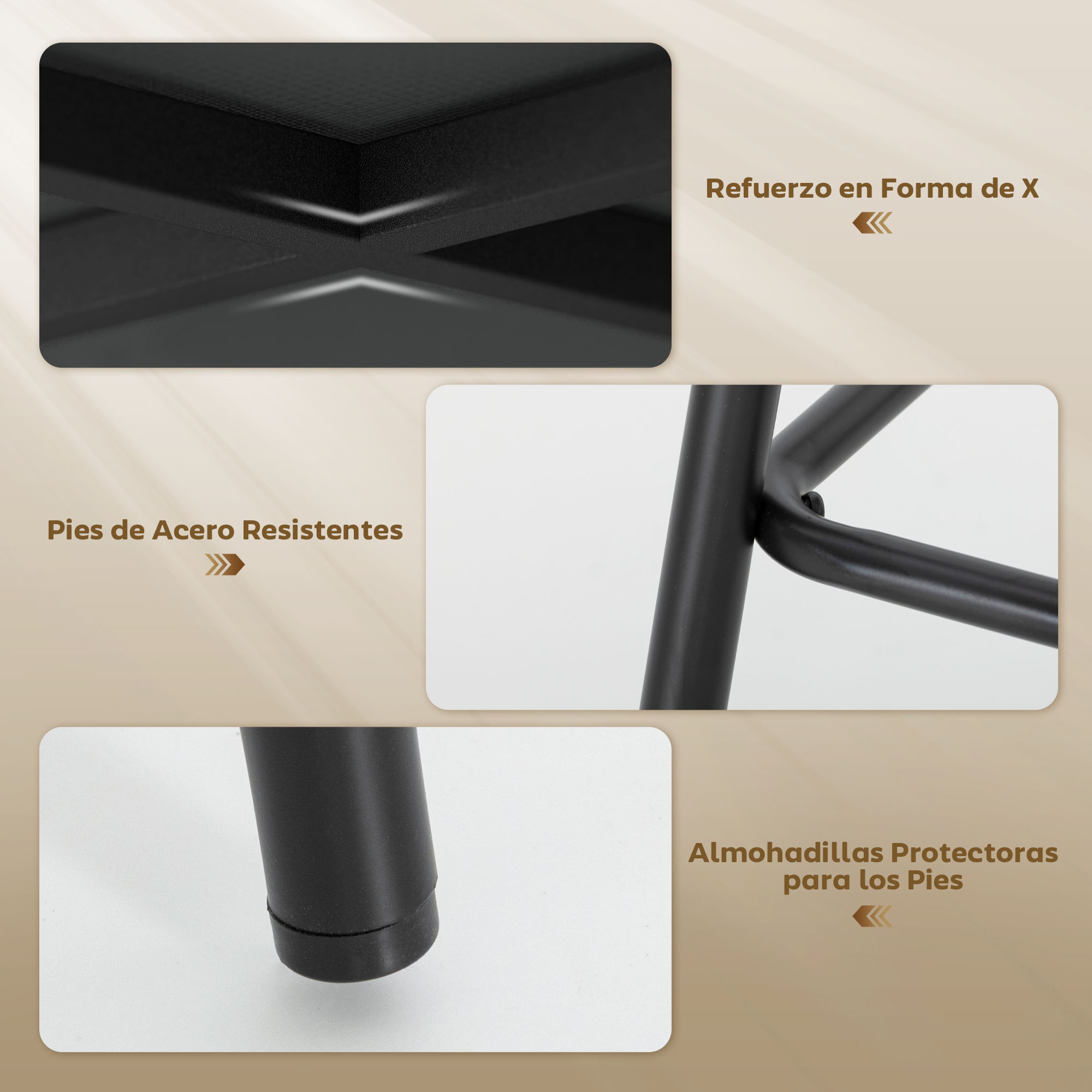 Primer plano de partes de silla de metal negro: refuerzo en forma de X, patas de acero resistentes y almohadillas protectoras.