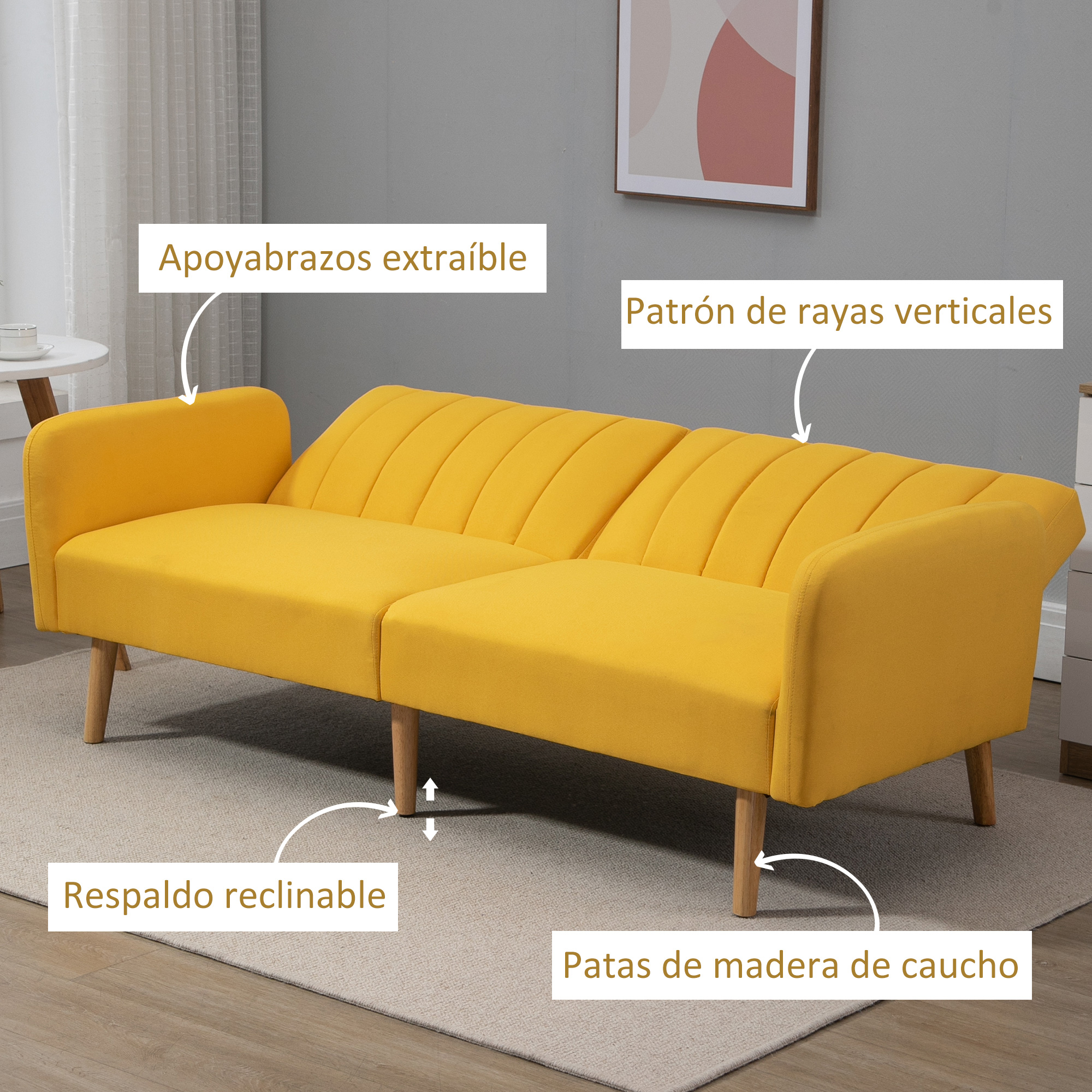 Sofá amarillo con patas de madera. Tiene respaldo reclinable, reposabrazos extraíbles y patrón de rayas verticales.