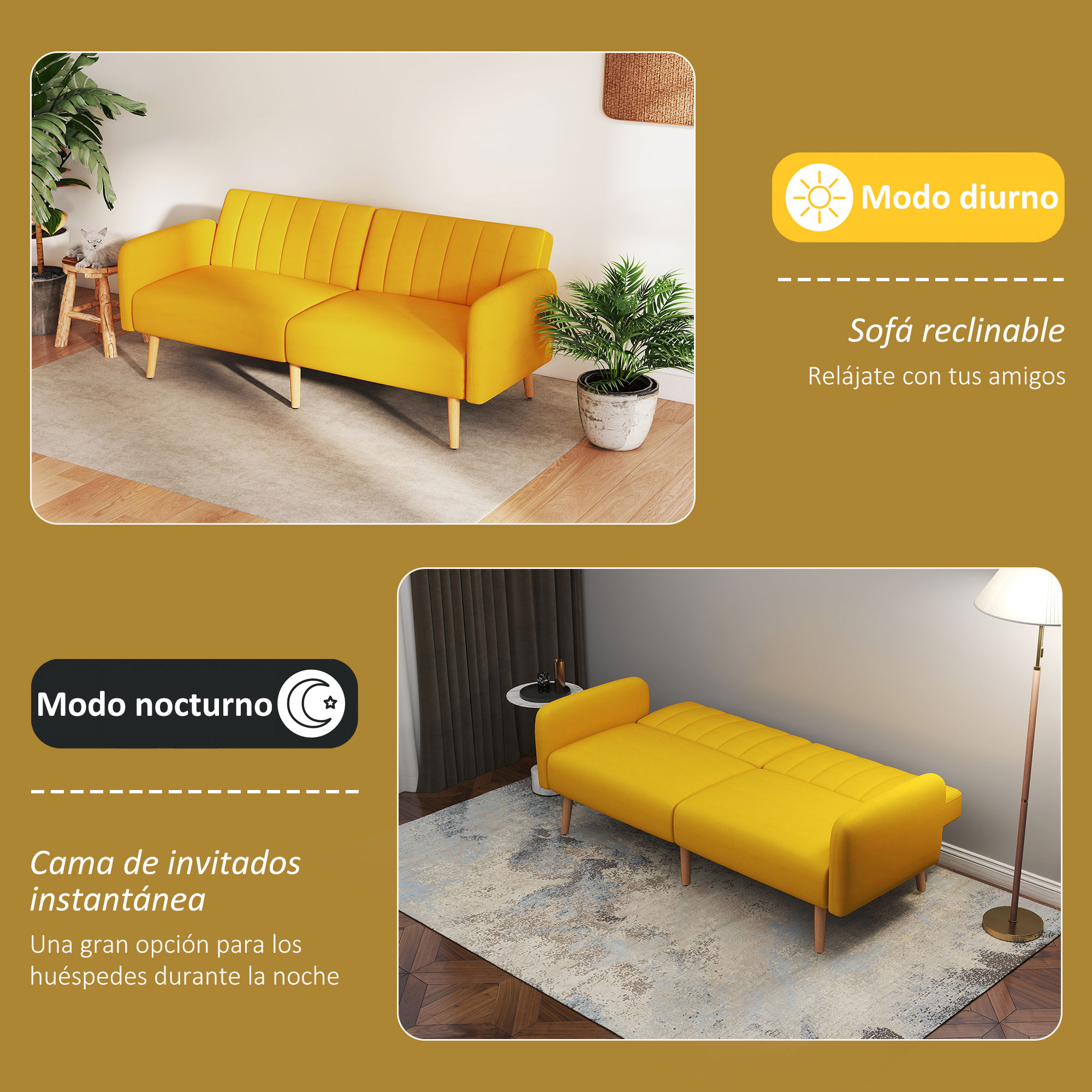 Sofá amarillo en dos modos, día y noche. Incluye plantas, una alfombra y una lámpara.