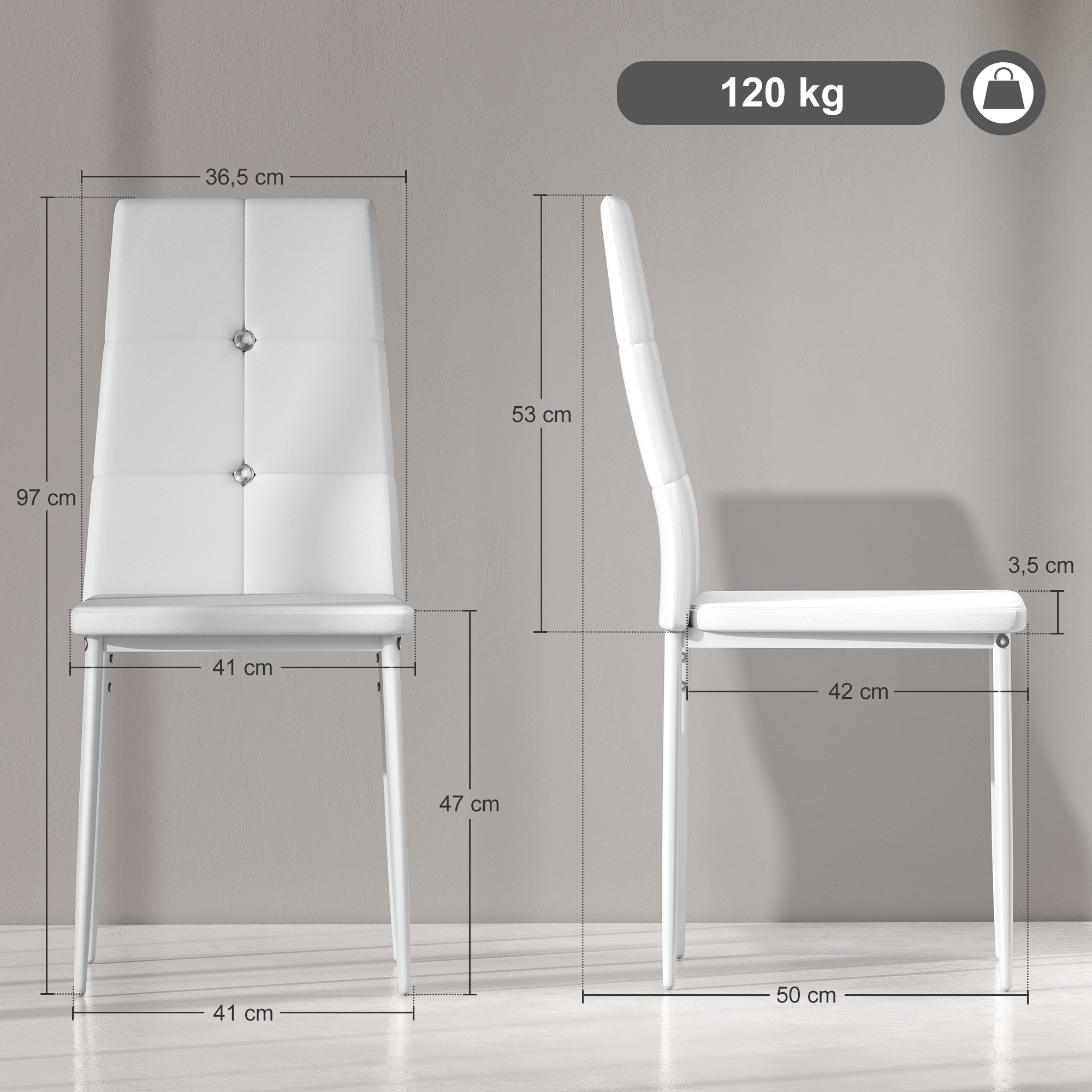 Dos vistas de una silla blanca con medidas. La silla tiene respaldo abotonado y patas metálicas, y un peso de 120 kg.
