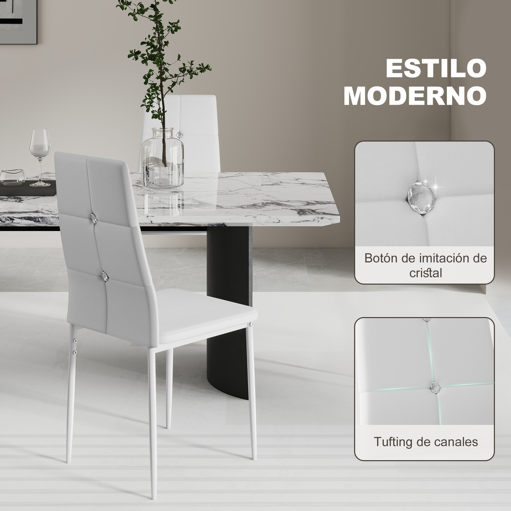 Una silla de comedor blanca y moderna con botones de cristal. Una mesa con tapa de mármol y un jarrón con planta en el fondo.