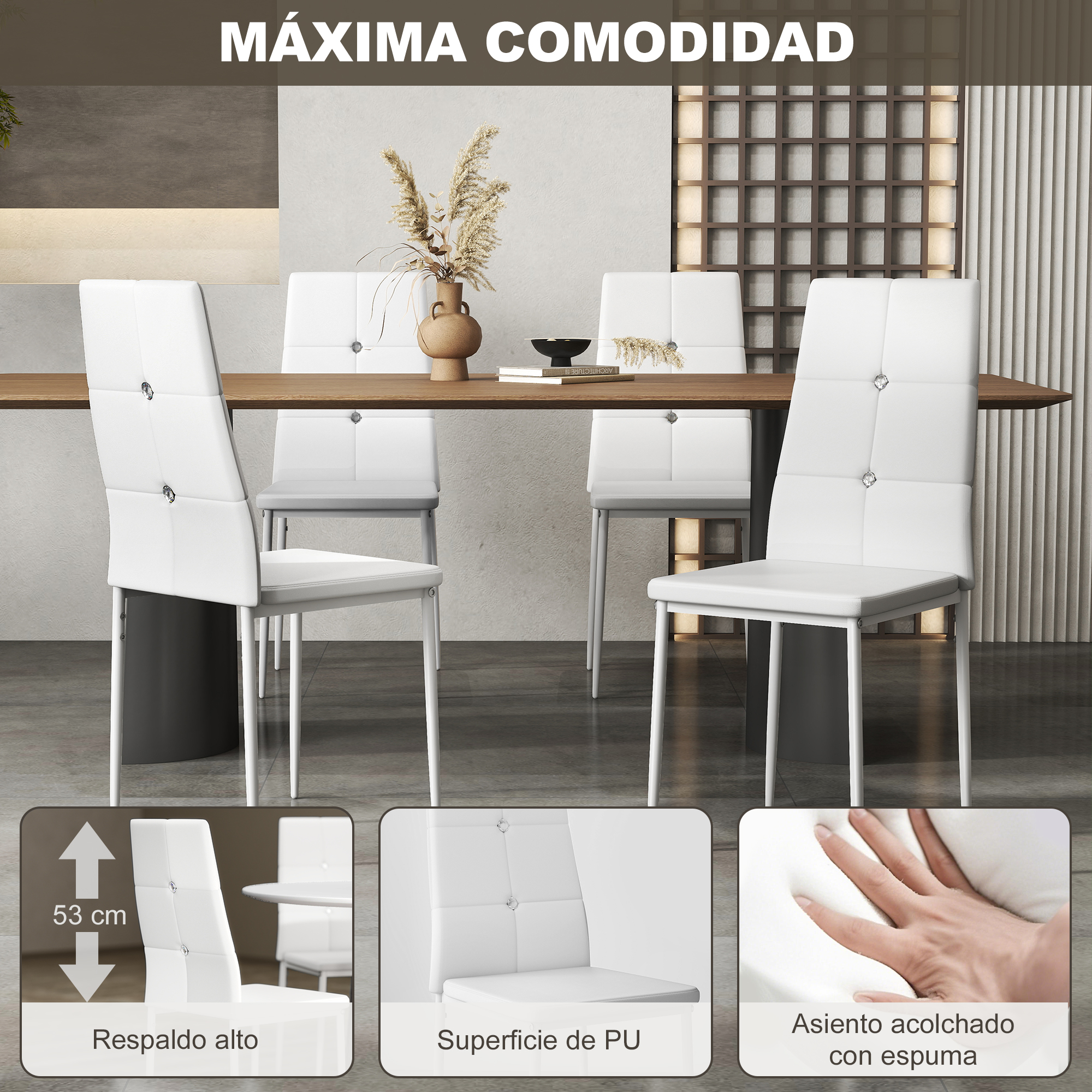 Un juego de comedor con mesa de madera, sillas blancas y elementos decorativos. Las sillas tienen respaldos altos y asientos acolchados.