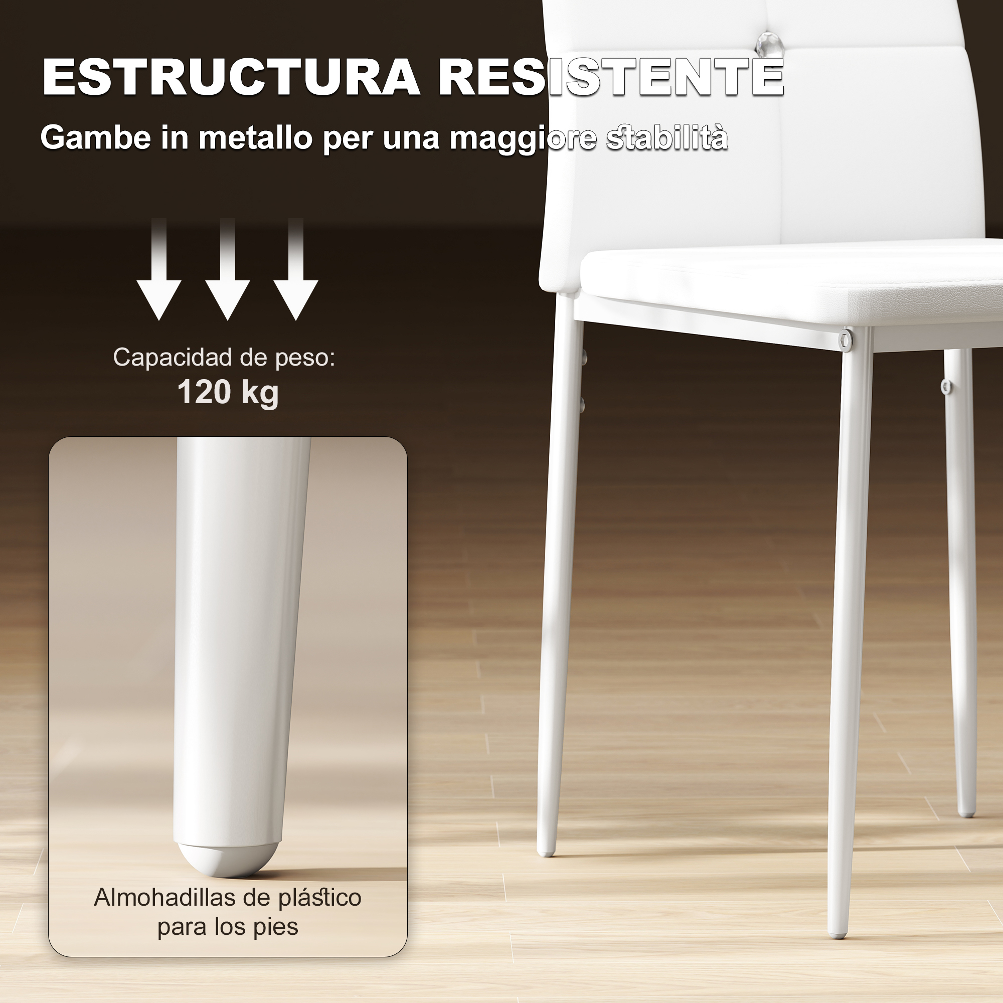 Silla blanca con patas de metal y pies de plástico. Detalles de texto sobre características estructurales, capacidad de 120 kg.