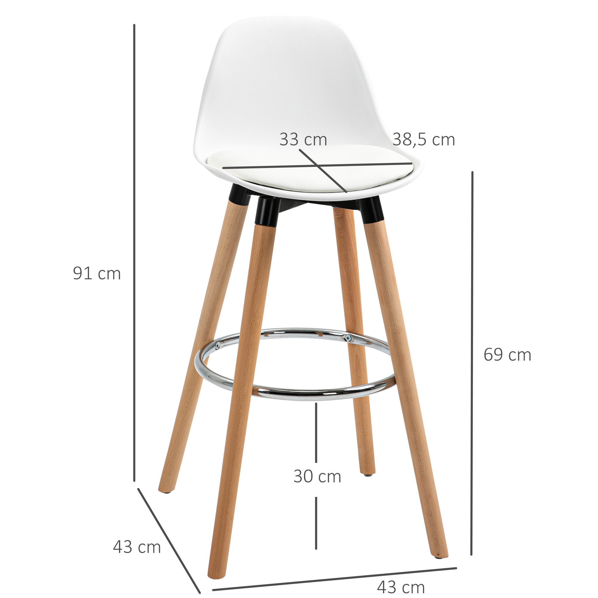 Un taburete blanco con patas de madera y reposapiés. Las medidas se muestran en la imagen.