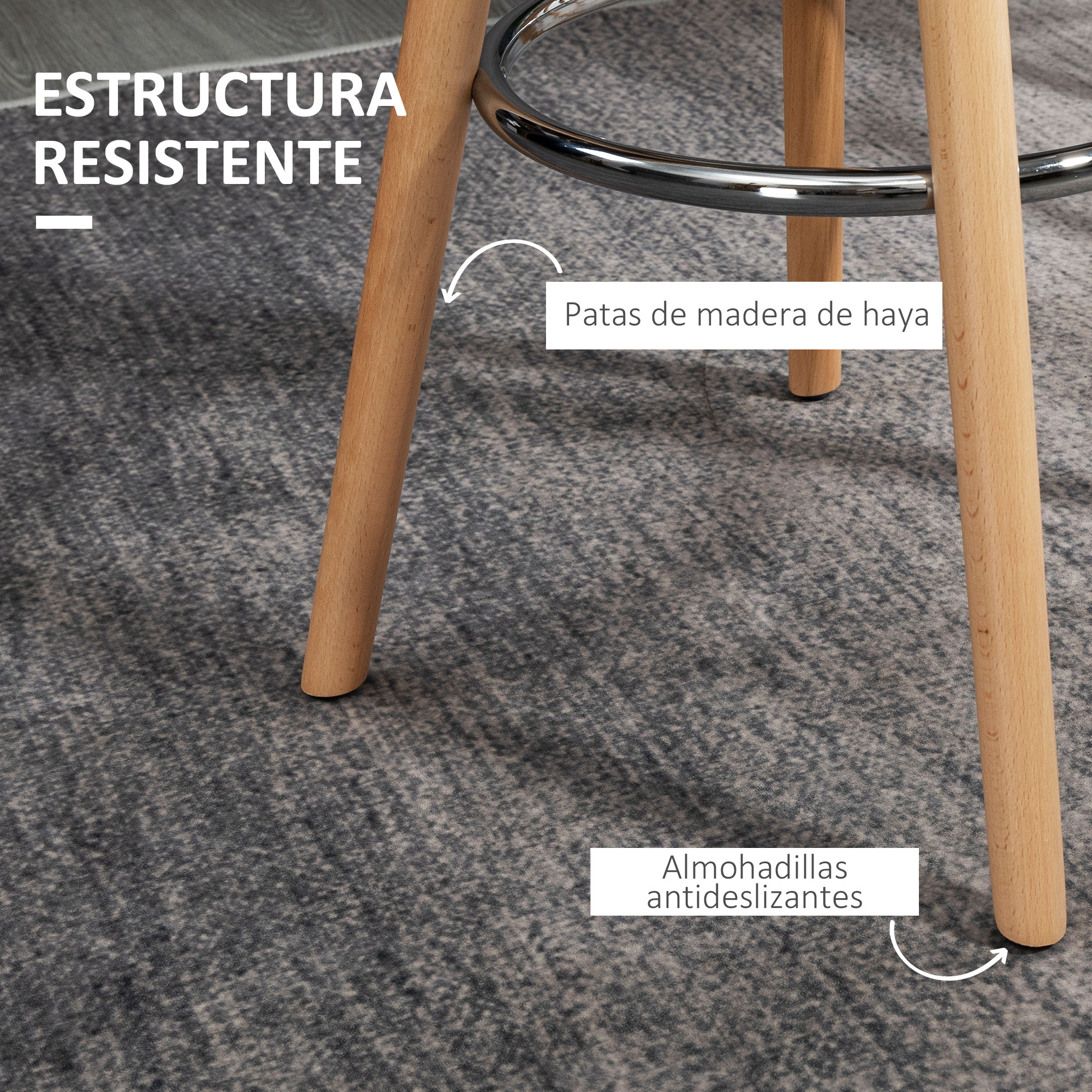 Patas de taburete de madera sobre una alfombra gris estampada. Anillo plateado sostiene el asiento. Texto indica madera de haya.
