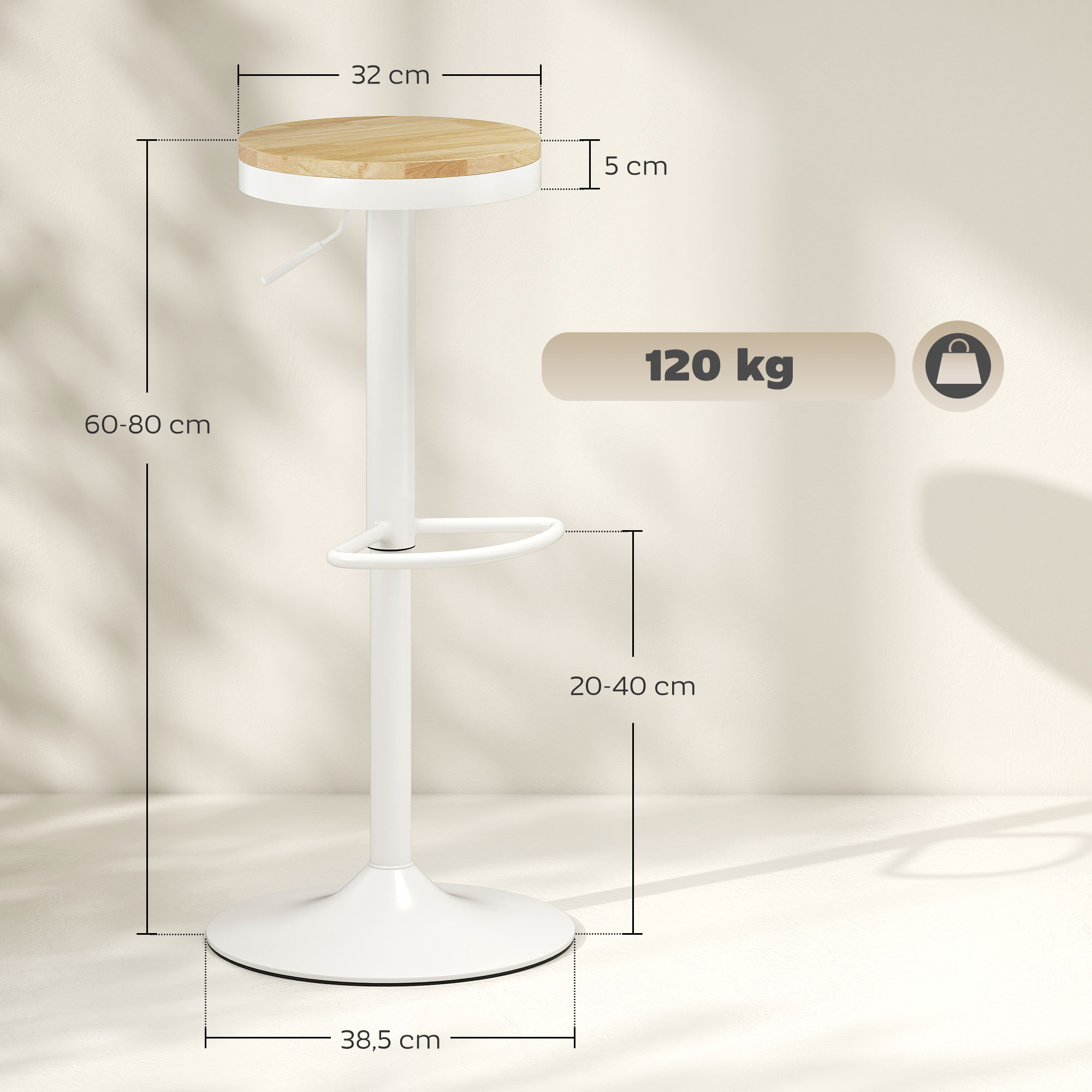 Un taburete de bar blanco con asiento de madera. Se muestran las dimensiones. El fondo es beige.