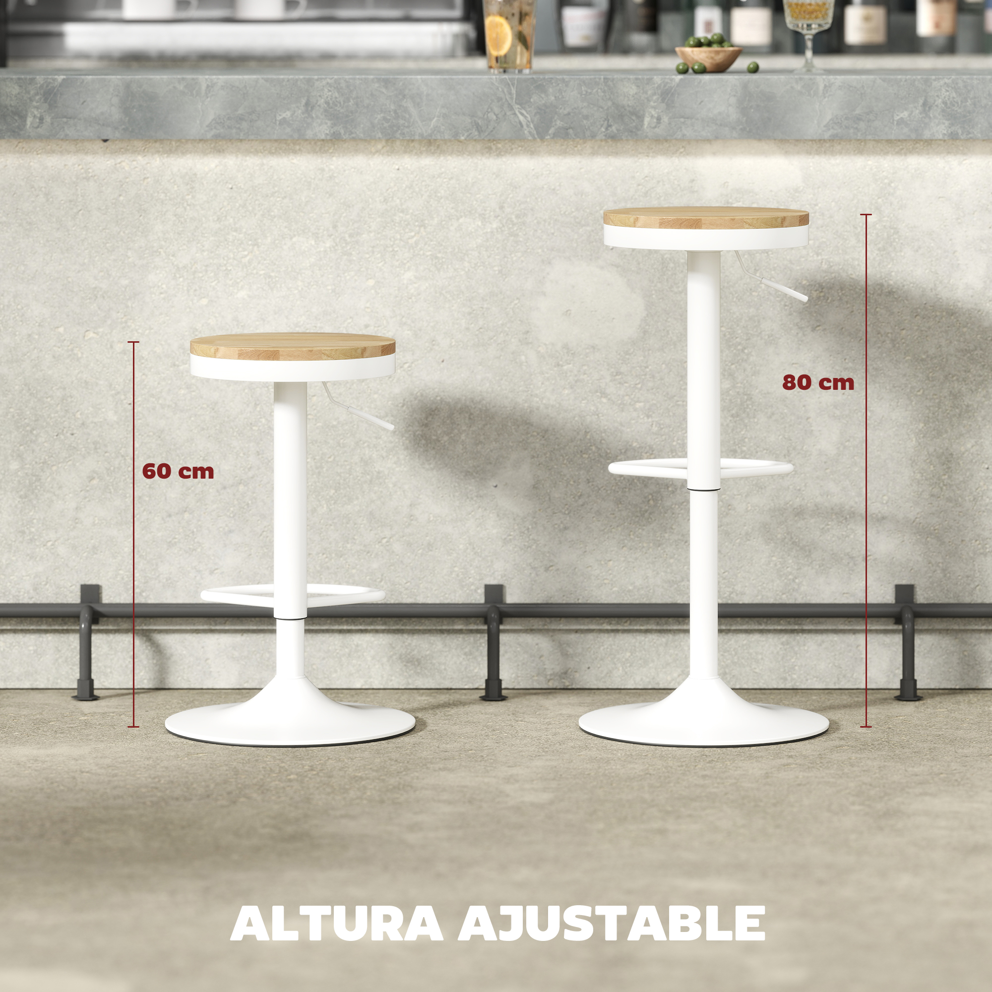 Dos taburetes de bar ajustables, base blanca, asiento de madera, uno a 60 cm, otro a 80 cm de altura, frente a una barra.