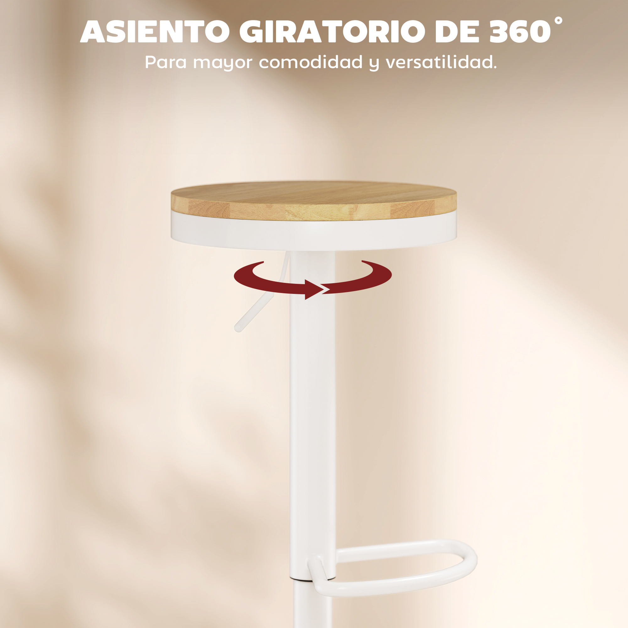 Un taburete giratorio blanco y de madera con una flecha roja que indica una rotación de 360 grados. El texto dice: 'Para mayor comodidad y versatilidad'.