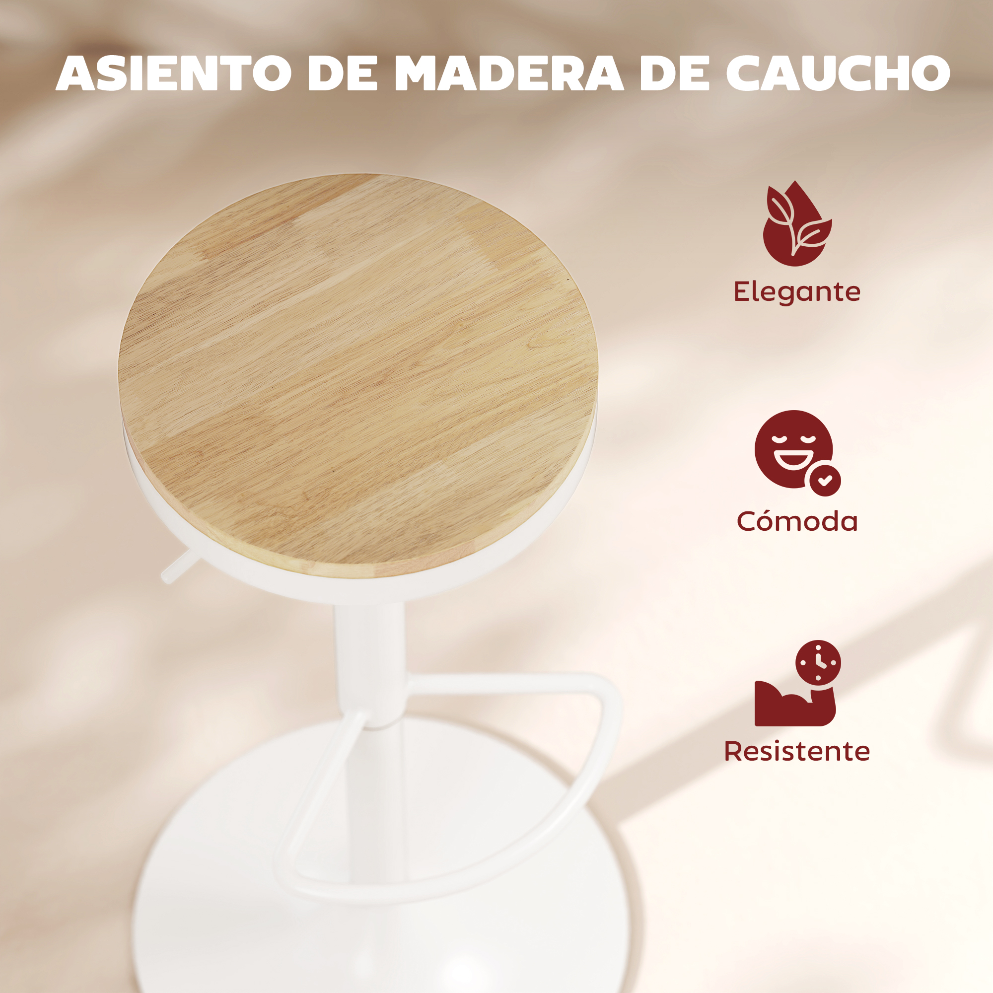 Un taburete blanco con asiento de madera. El texto indica que es elegante, cómodo y resistente.