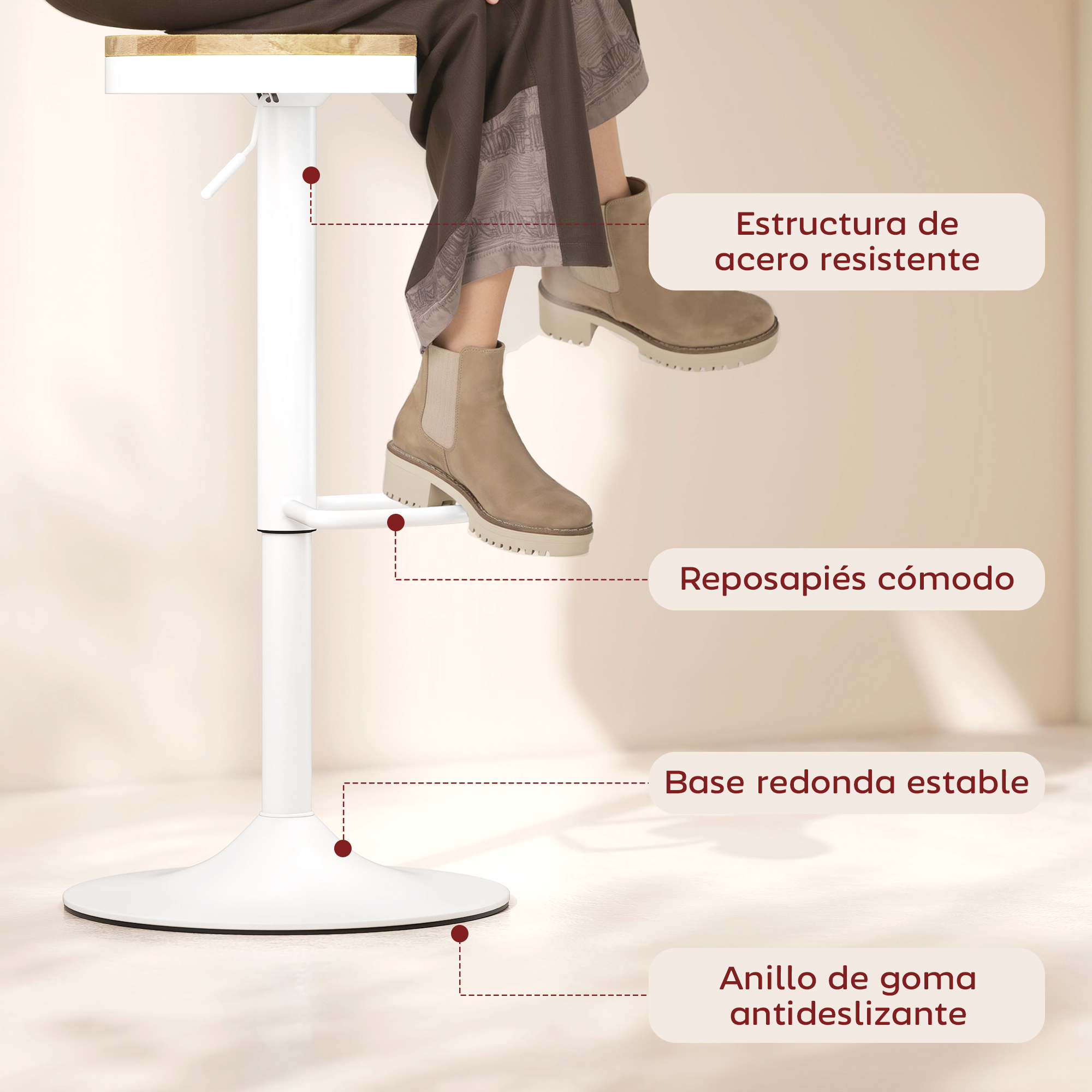 Un taburete de bar blanco con reposapiés. Una persona está sentada en él, con botas color canela. Tiene un anillo de goma antideslizante.