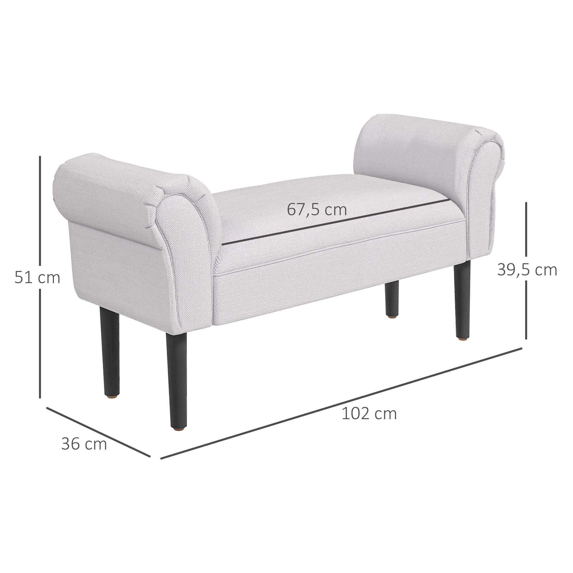 Un banco gris claro con patas negras. Dimensiones: 102cm largo, 51cm alto, 36cm ancho y 67,5cm asiento.