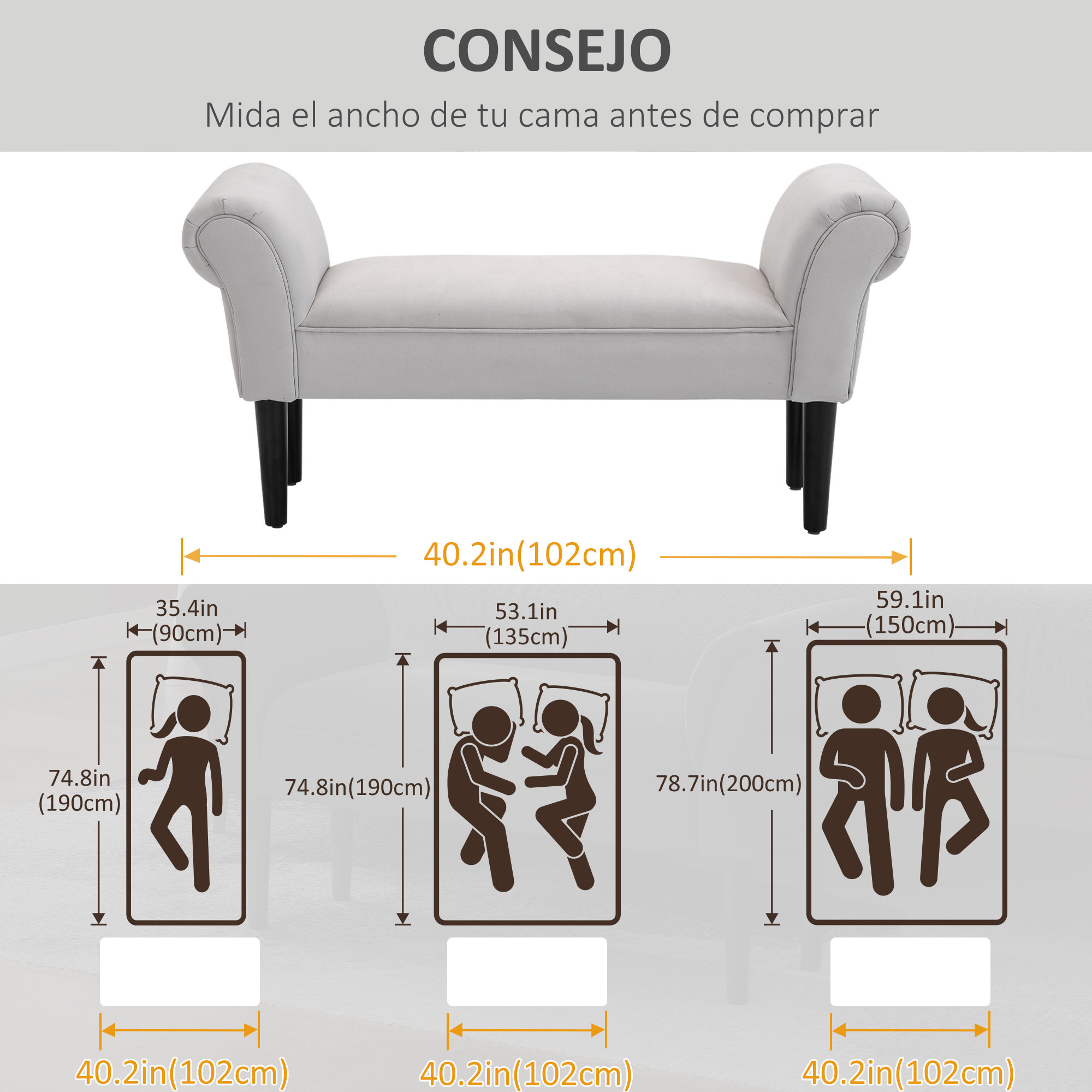 Un banco blanco con patas negras. Diagramas muestran tamaños de cama, ancho y largo en pulgadas y cm.