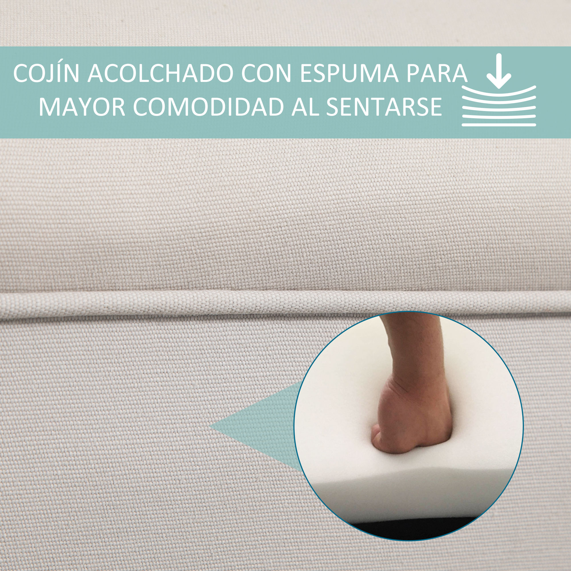 Primer plano de un cojín con texto, una mano presionando espuma dentro de un círculo, sugiriendo comodidad.