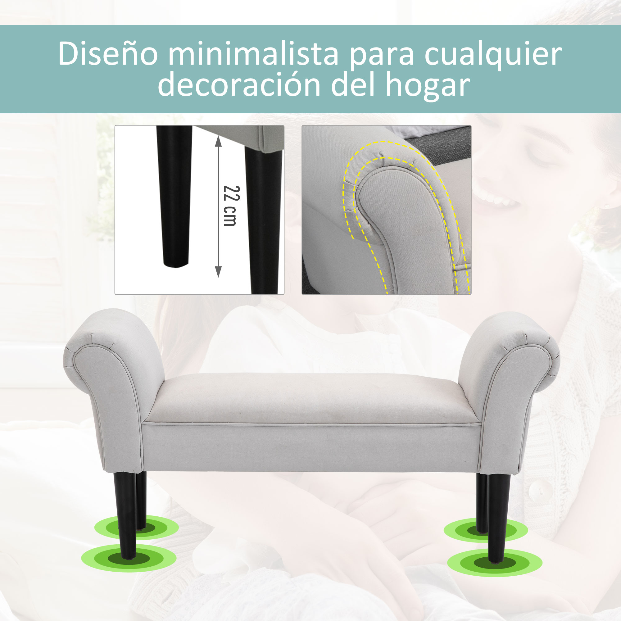Un banco gris con patas negras. Los detalles del banco se resaltan con etiquetas de medición. El fondo tiene una mujer.
