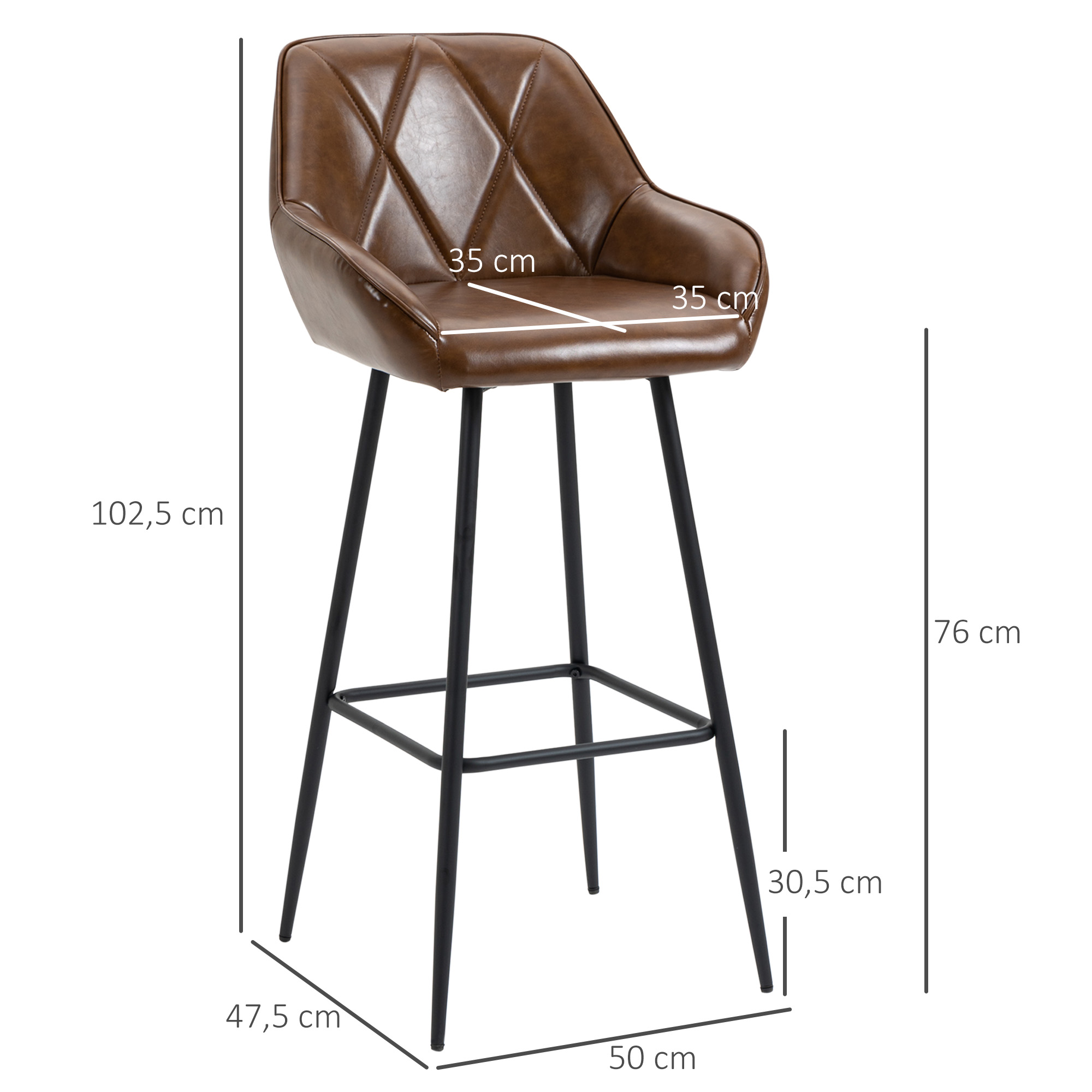 Taburete de bar de cuero marrón con patas negras. Se indican las dimensiones.