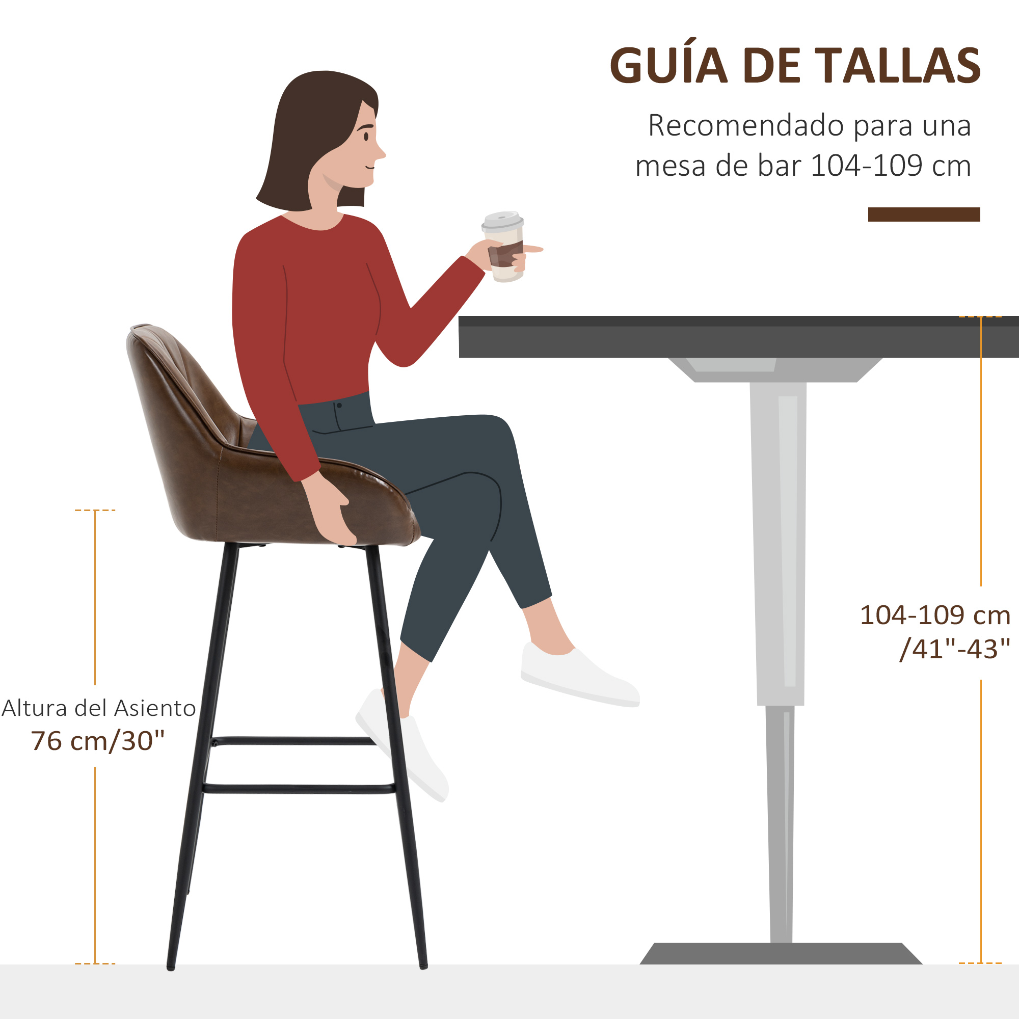 Ilustración de una mujer sentada en un taburete. El texto indica recomendaciones de altura del asiento y la mesa.
