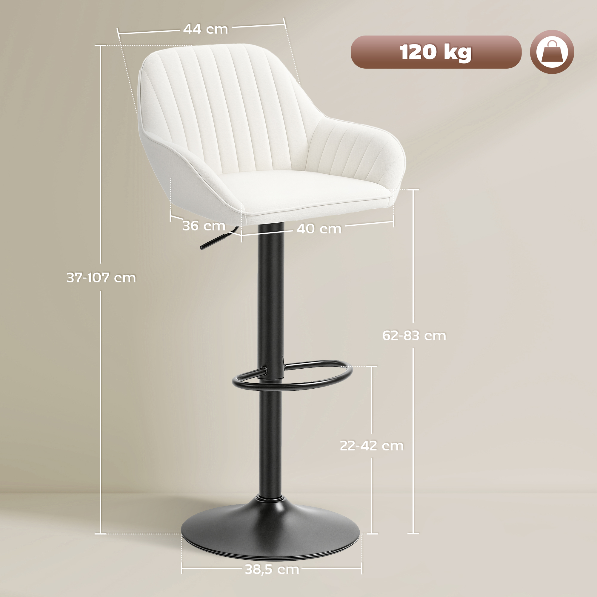 Taburete de bar blanco con base negra. Dimensiones etiquetadas. Capacidad de 120 kg.
