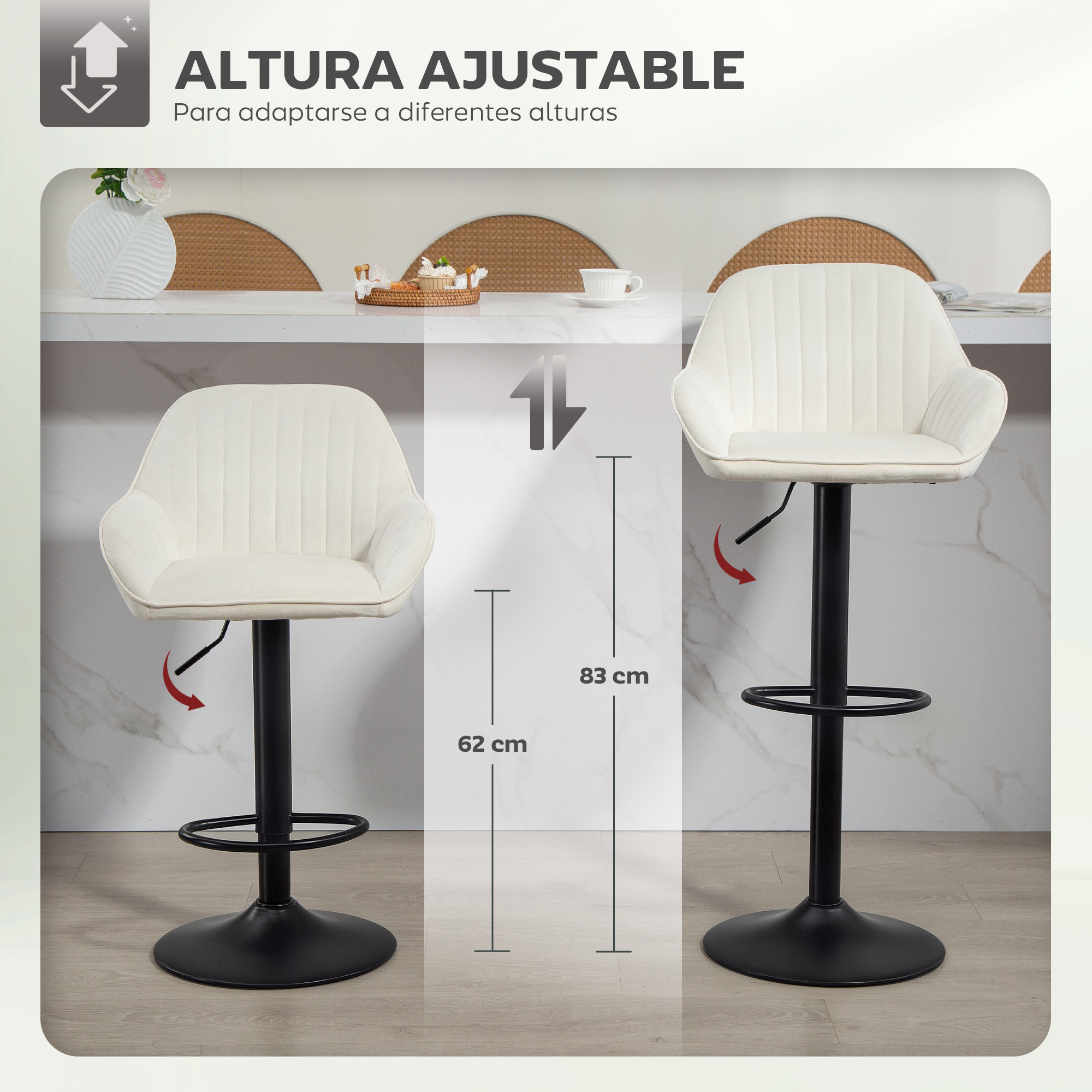 Dos taburetes de bar ajustables. Asientos blancos, bases negras. Medidas de altura ajustable. Fondo: una encimera blanca.