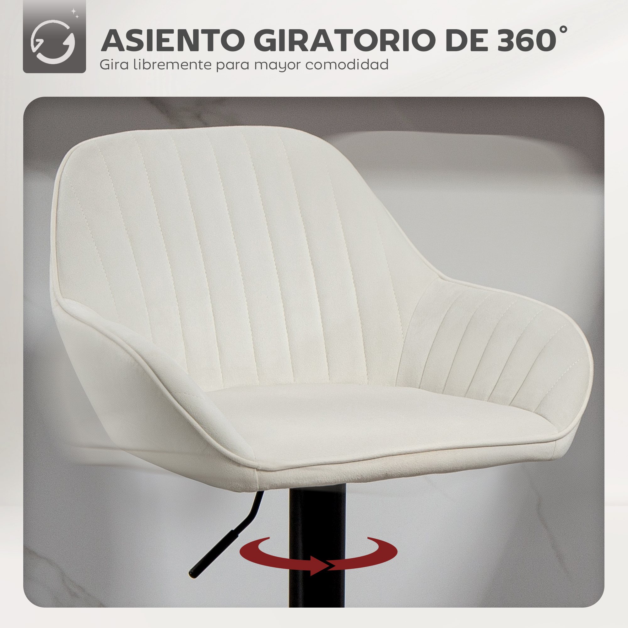 Una silla giratoria color crema con base negra. El respaldo y el asiento tienen costuras verticales. Una flecha roja indica giro.