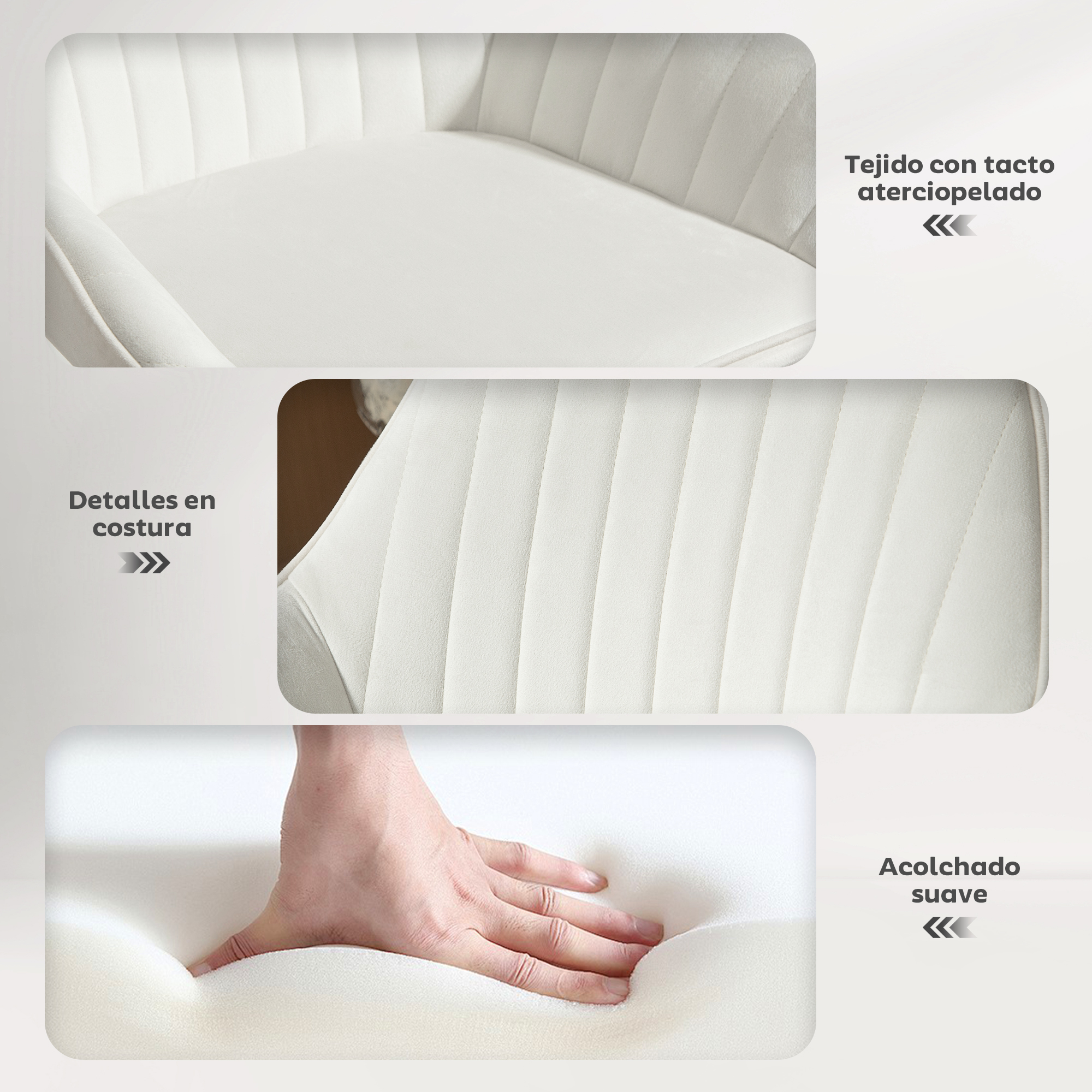 La imagen muestra primeros planos de una silla blanca. Los detalles incluyen tela, costuras y una mano presionando un cojín suave.